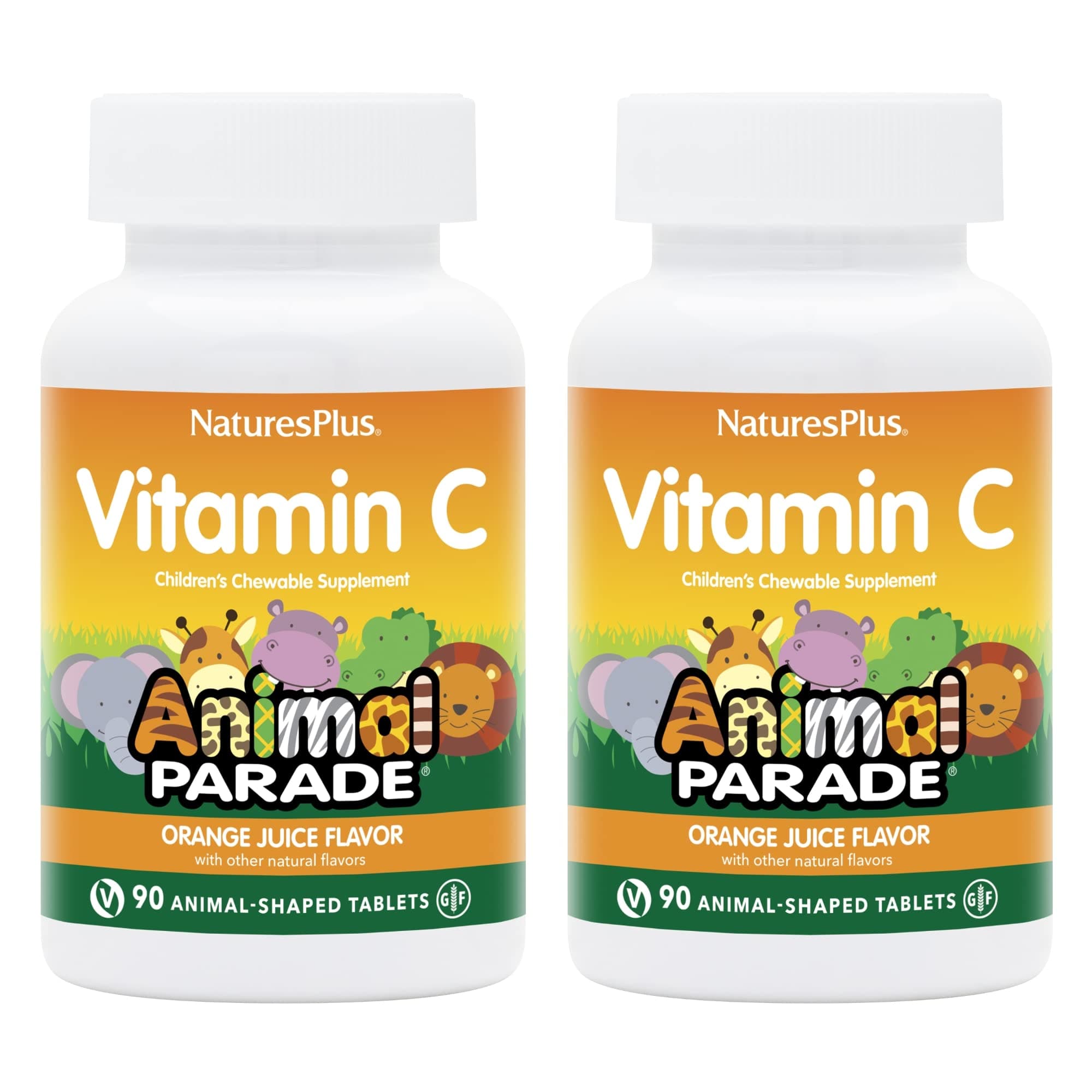 NaturesPlus Animal Parade Vitamin C Children's Chewable - Natural Orange Juice Flavor - 90 Animal-Shaped Tablets, Pack of 2 - Vegan, Vegetarian, Gluten Free - 90 Total Servings