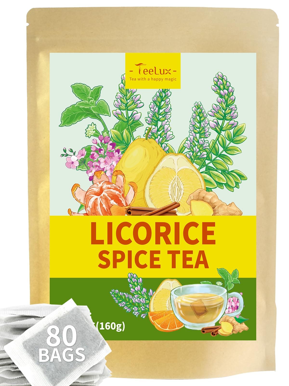 TeeLux Licorice Spice Tea Bags, Licorice Root with Ginger & Cinnamon, Sweet & Spicy Taste, Caffeine Free, 80 Count