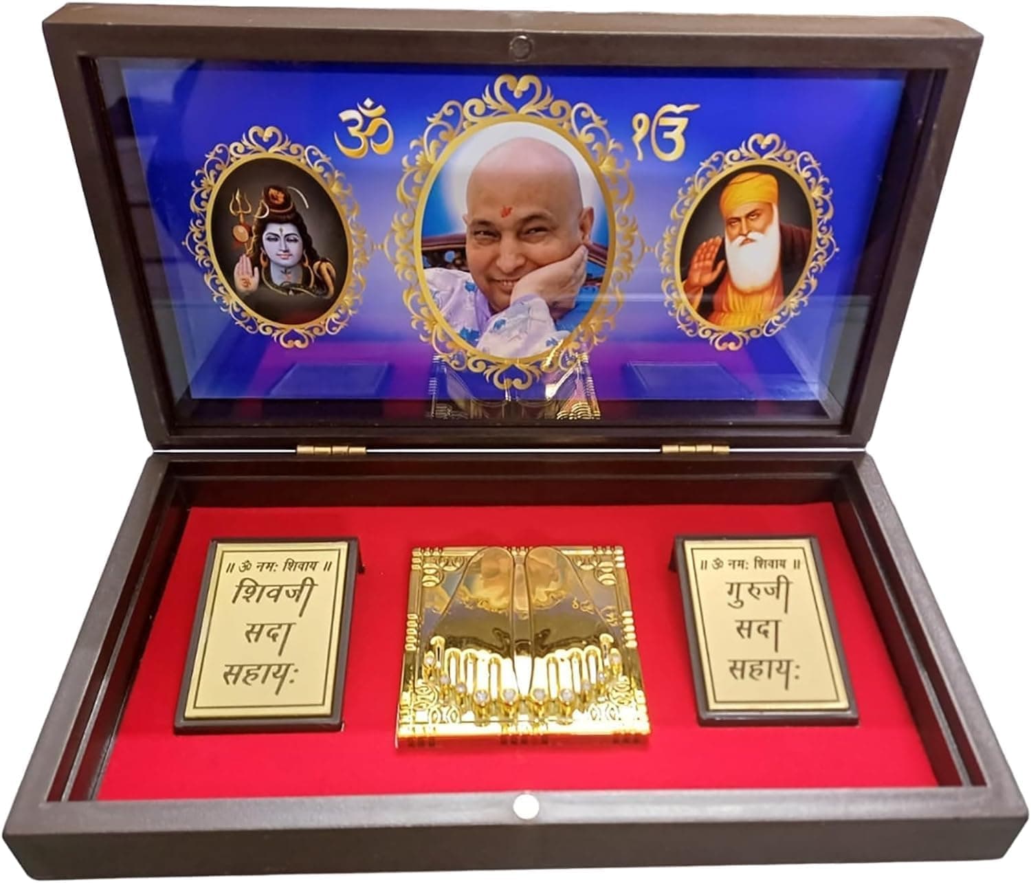SHASHIKIRAN® Guru Ji Charan Paduka |Guruji Swaroop |Wooden Gold Plated | Guru Ji Devotional Charan Paduka | Guru Ji Prayer Box with Mahadev and Waheguru (Large Size), Round