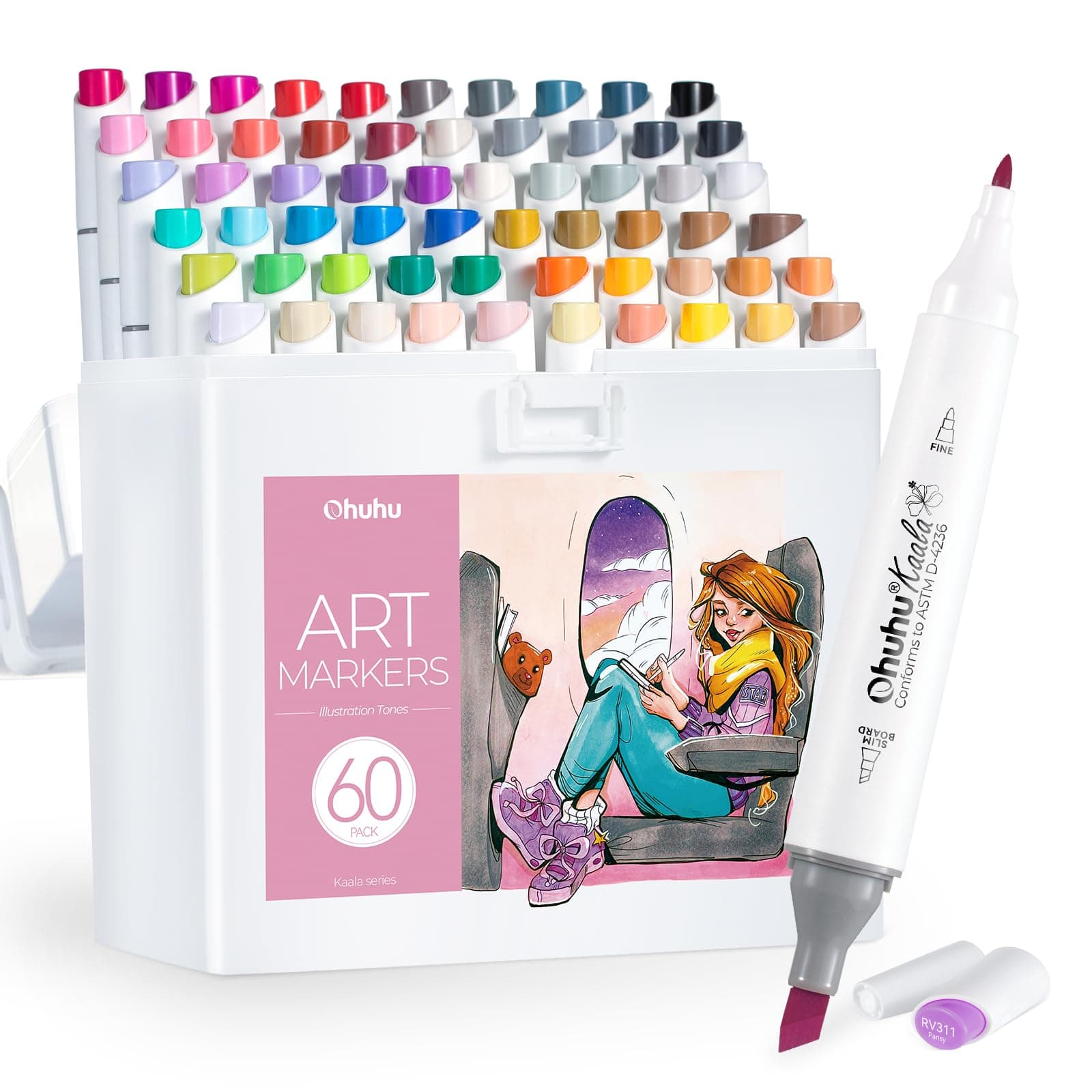 Alcohol Markers Slim Broad and Fine Double Tipped Art Marker Set for Artists Adults Coloring Drawing Cartoon Anime Comic Characters - 60 Colors for Manga Illustrations - Kaala Series