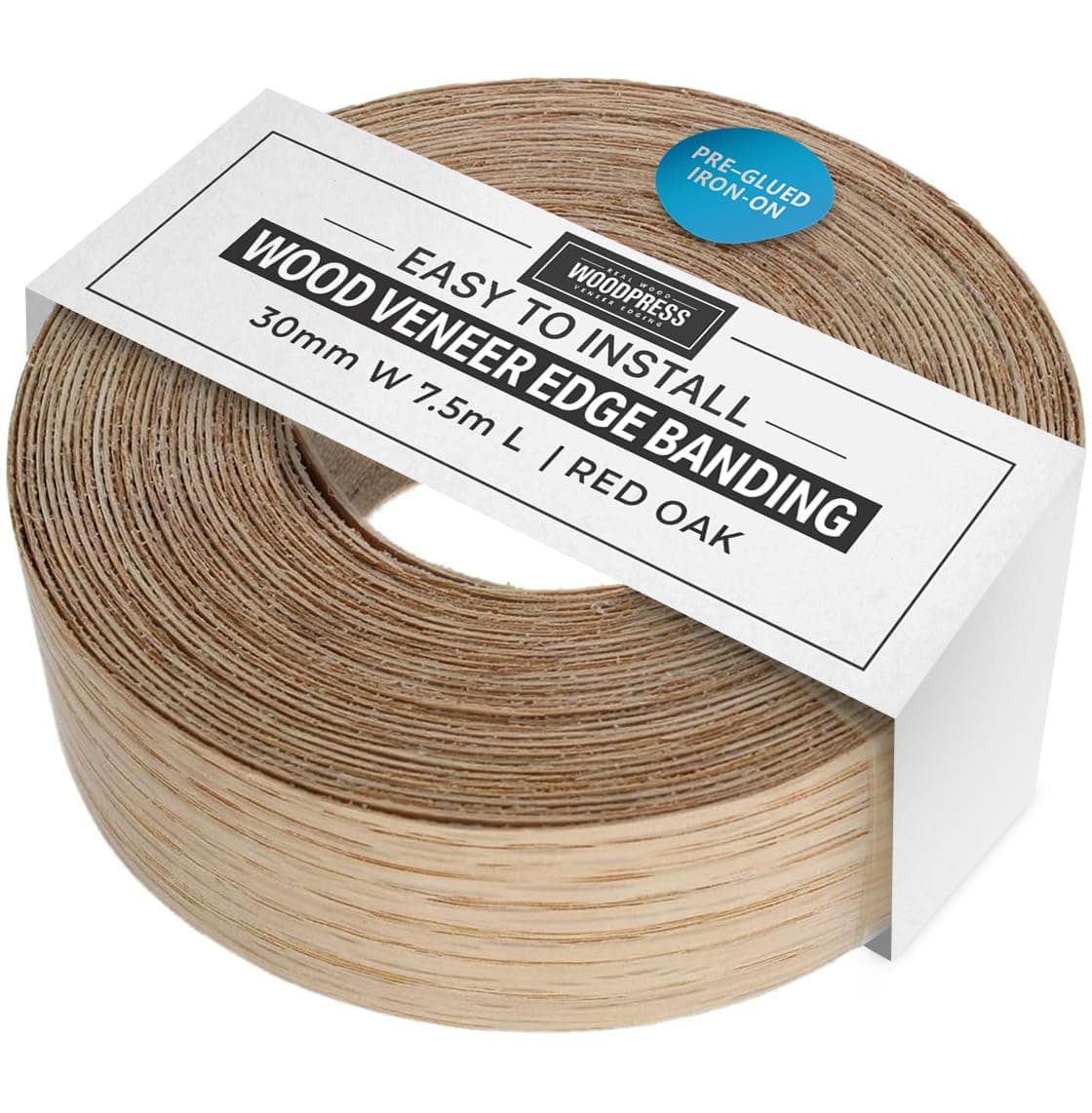 WoodPress® 30mm Real Red Oak Iron-On Edging – 7.5m Roll – Pre-Glued Wood Veneer Tape for Easy DIY Application – Will Cover The Edge of a Standard MDF Panel