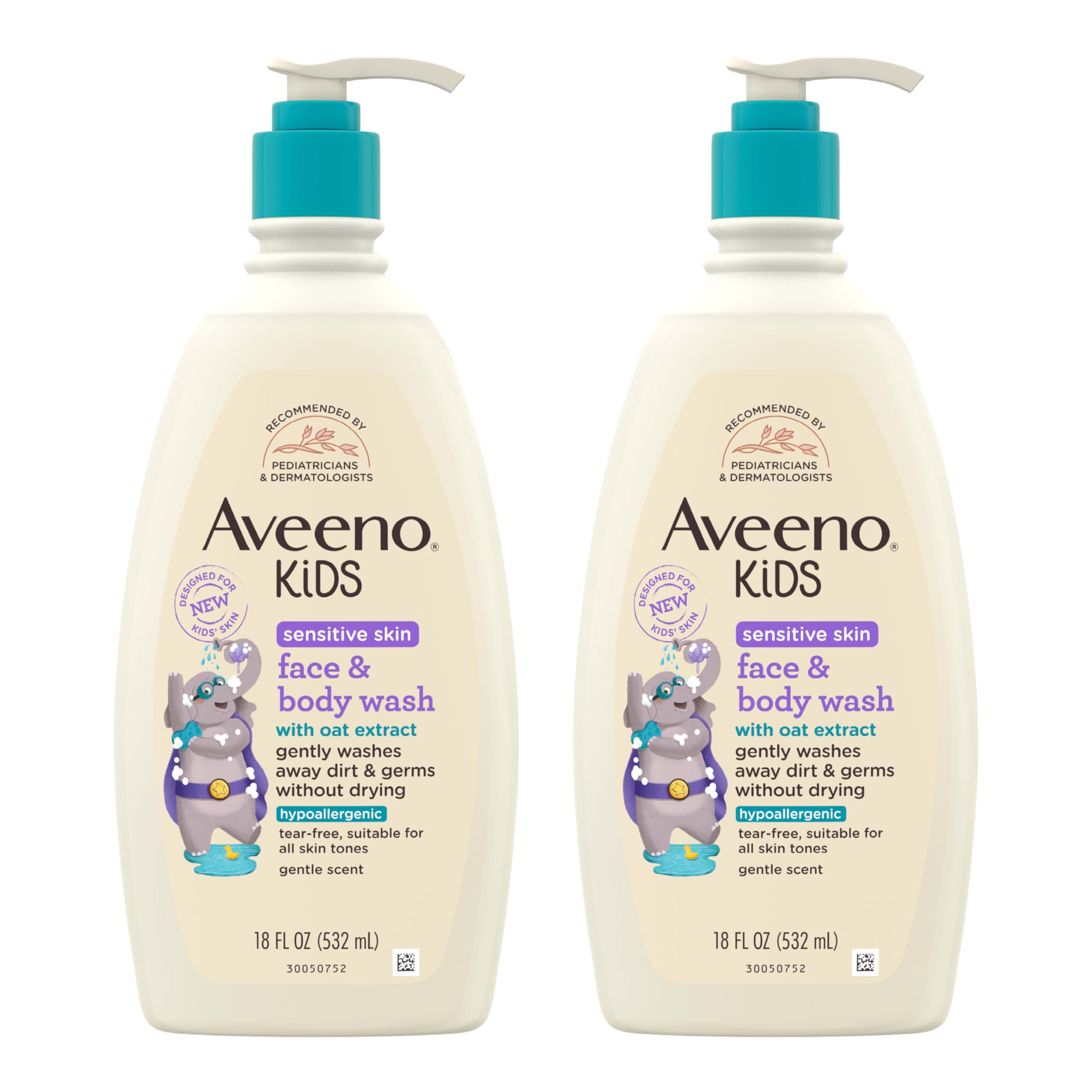 Aveeno Kids Sensitive Skin Face and Body Wash with Oat Extract, Gently Washes Away Dirt and Germs Without Drying, Tear-Free, Hypoallergenic Kids Body Wash, 18 fl. oz, 2 Pack