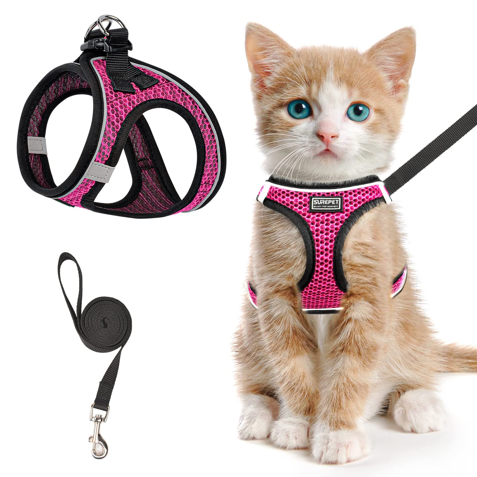 Cat Harness and Leash for Walking Escape Proof, Adjustable Kitten Vest Harness Reflective Soft Mesh Puppy Harness for Outdoor, Comfort Fit, Easy to Control (Pink, S)