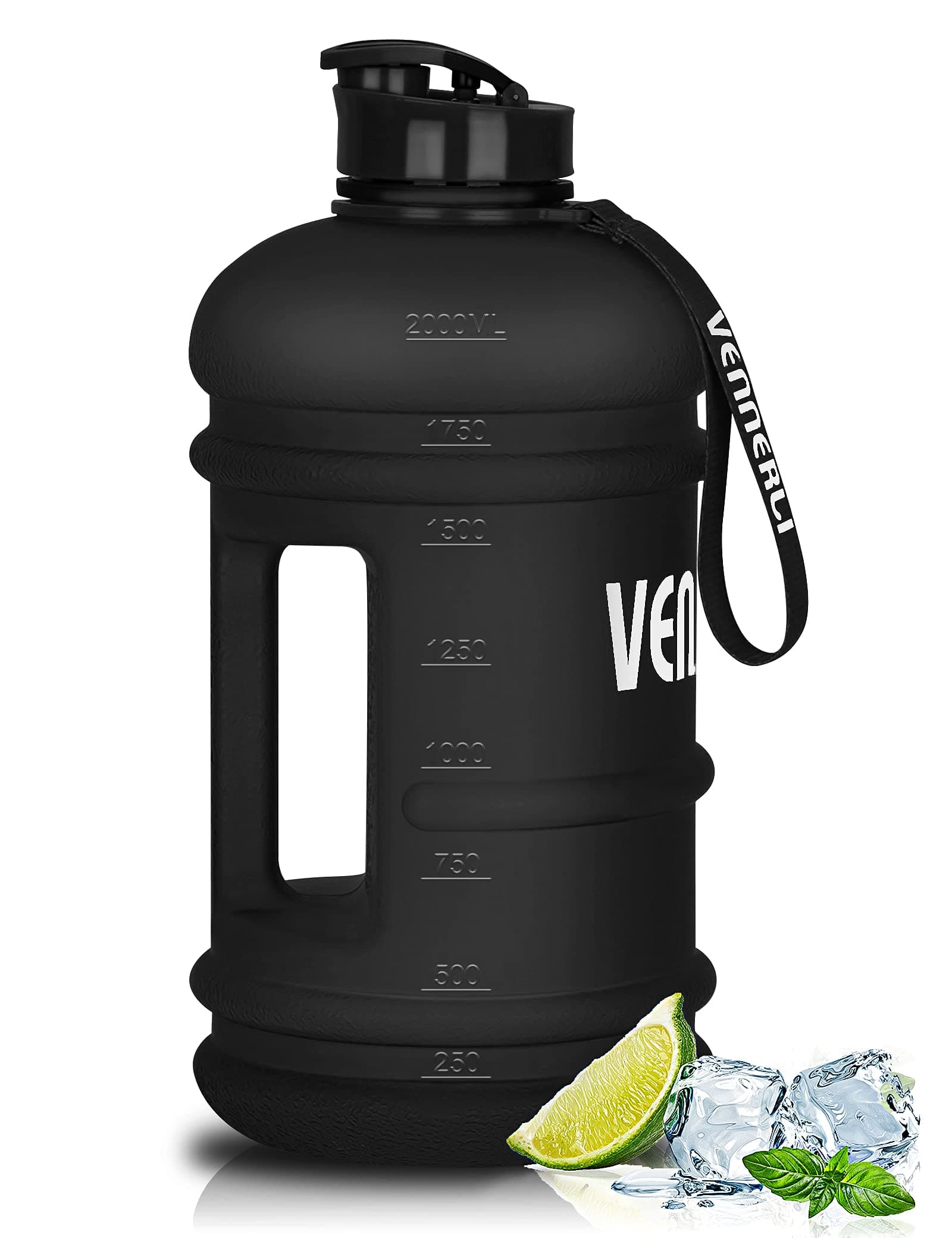 Half Gallon Water Bottle 2.2L Bottles with Handle Flip Cap 100% Leak Proof BPA Free Reusable Durable Big Gym Jug for Camping Sports Workouts Hiking Outdoors 2.2Litre (Matte Black)