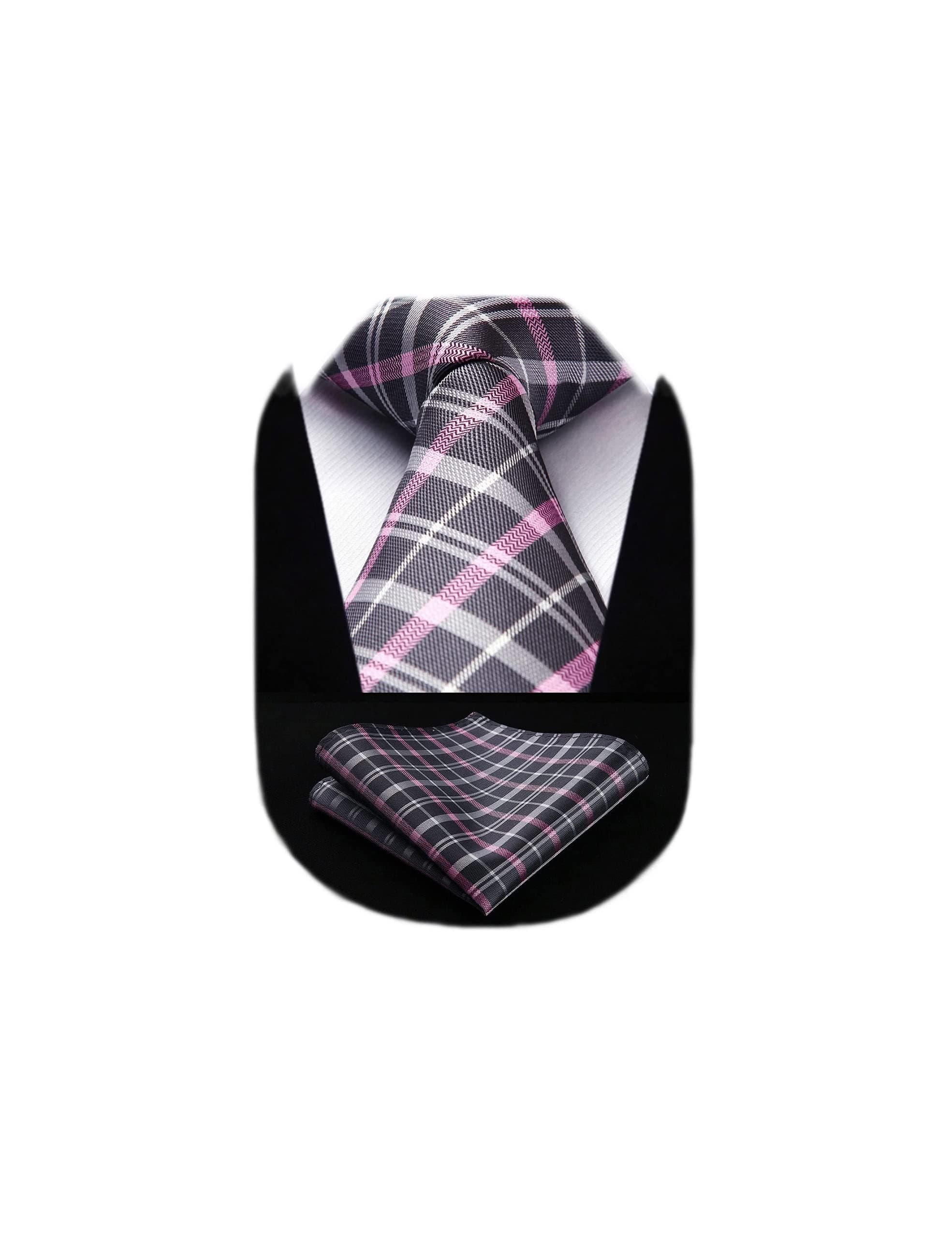HISDERNExtra Long Check Tie Handkerchief Men's Necktie & Pocket Square Set