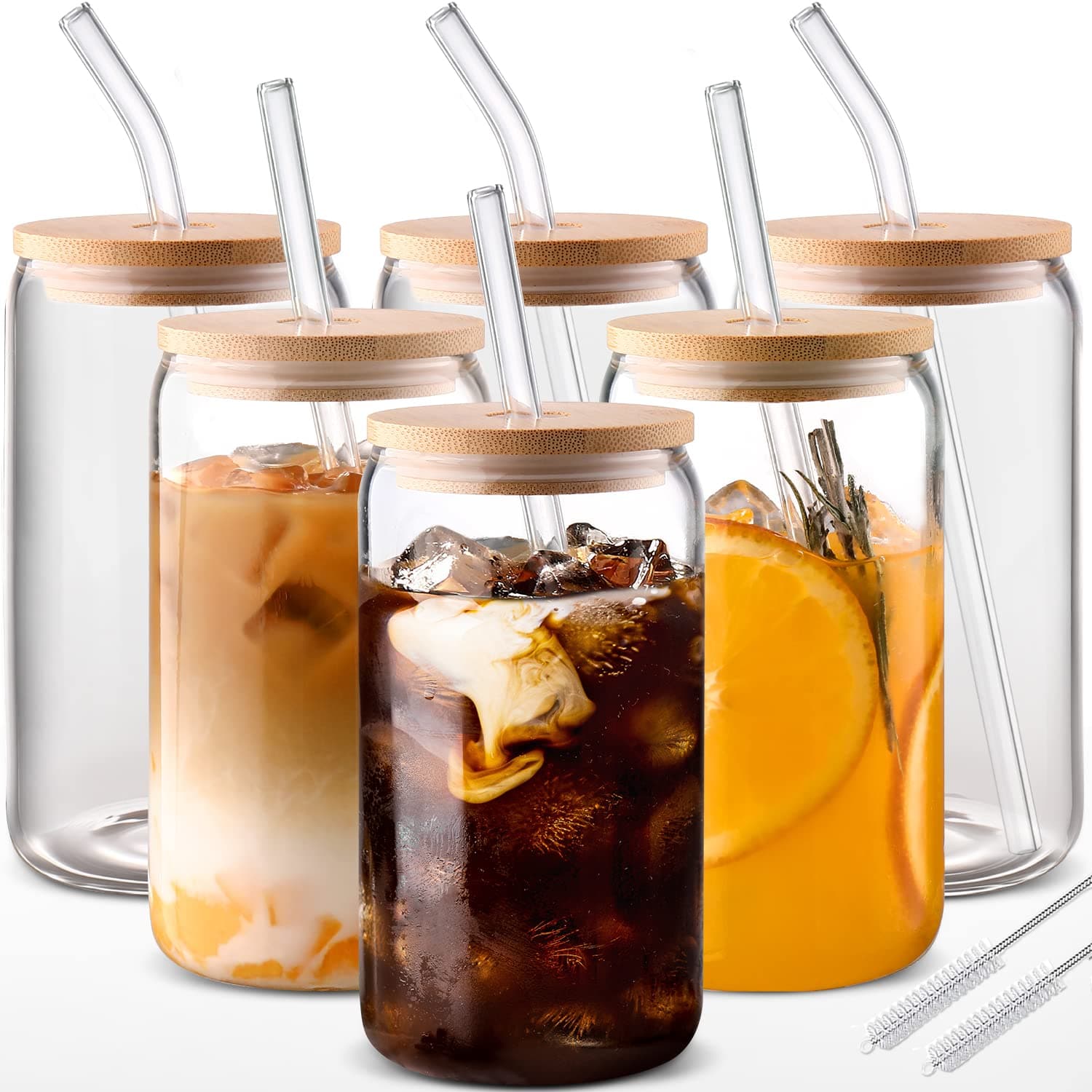DWTS DANWEITESI Glass Cups with Lids and Straws 6pcs Set 16oz Iced Coffee Cups,Glass Coffee Cups,Beer Can Glass with Lids and Straw