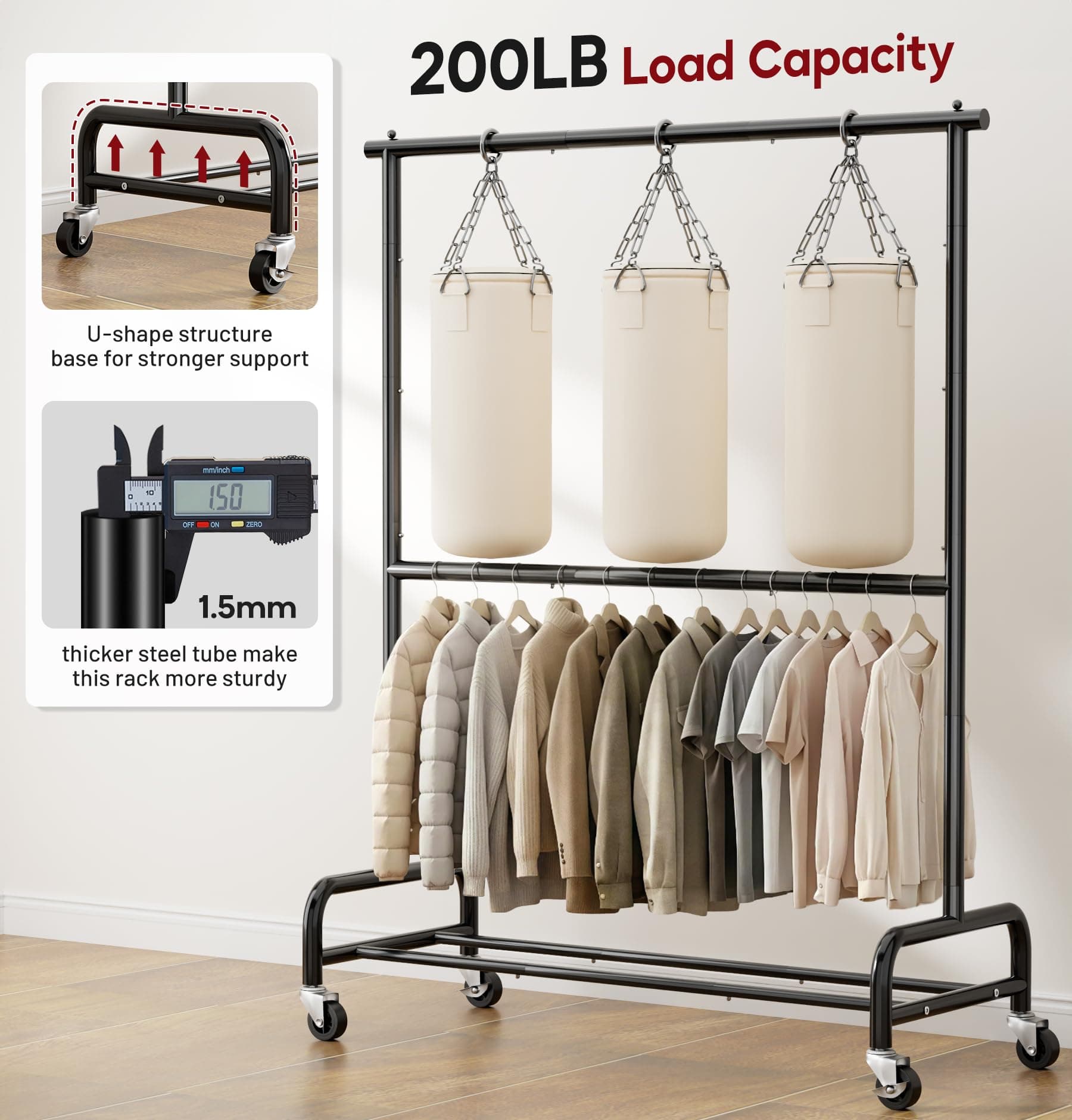 SLEEPING LAMB Double Rod Heavy Duty Clothes Racks for Hanging Clothes Rack, Metal Rolling Garment Rack With Wheels Clothes Hanger Rack Wardrobe Rack for Coats, Shirts (Black)