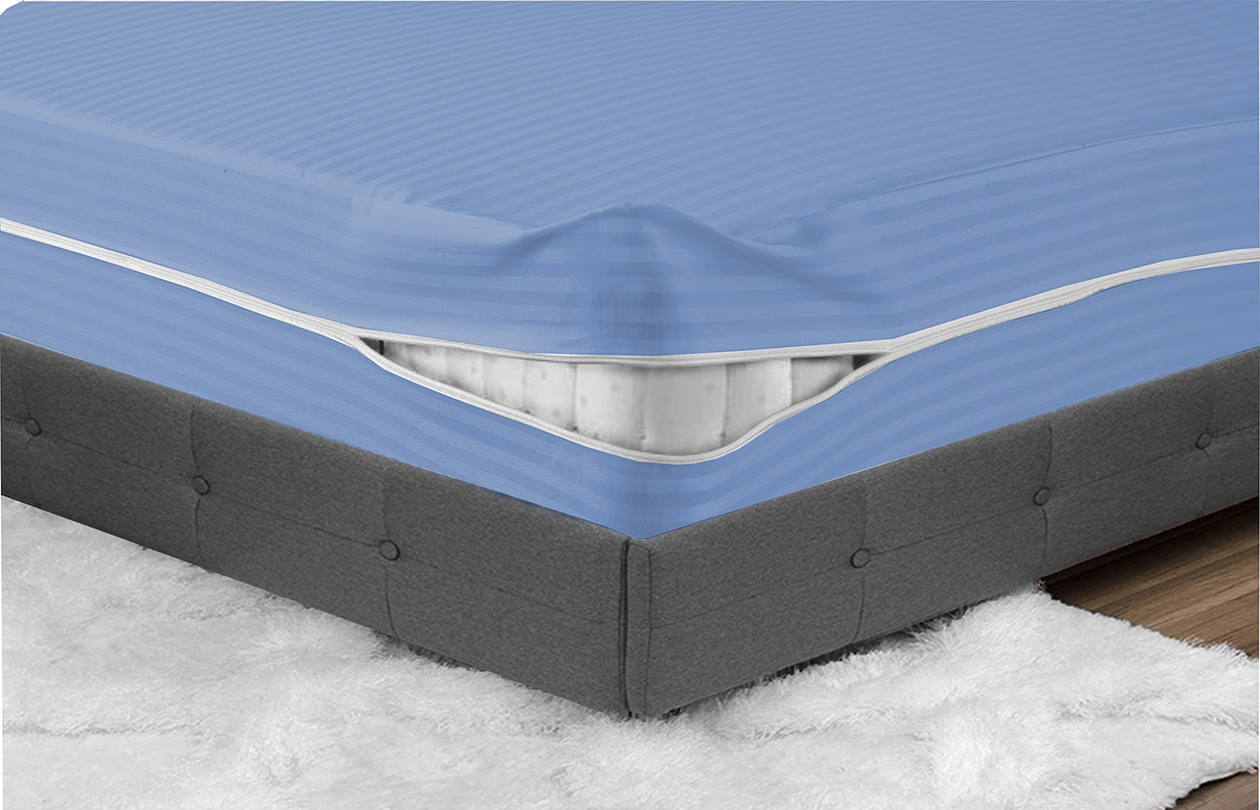 Anti-dust mite and Breathable Blue Stripe Hotel Quality Zipped Mattress Cover for Hotels and Hospitals King Size 153x200cm