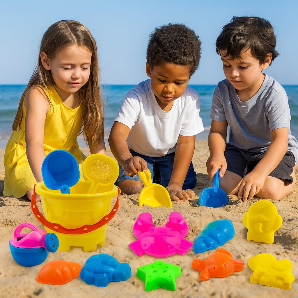 Beach Toys for Kids Sand Game Castle Building Plastic Toy Set, Multicolor Kids Toys Bucket and Animal Molds Pack of 10 for Outdoor Play and Travel Fun