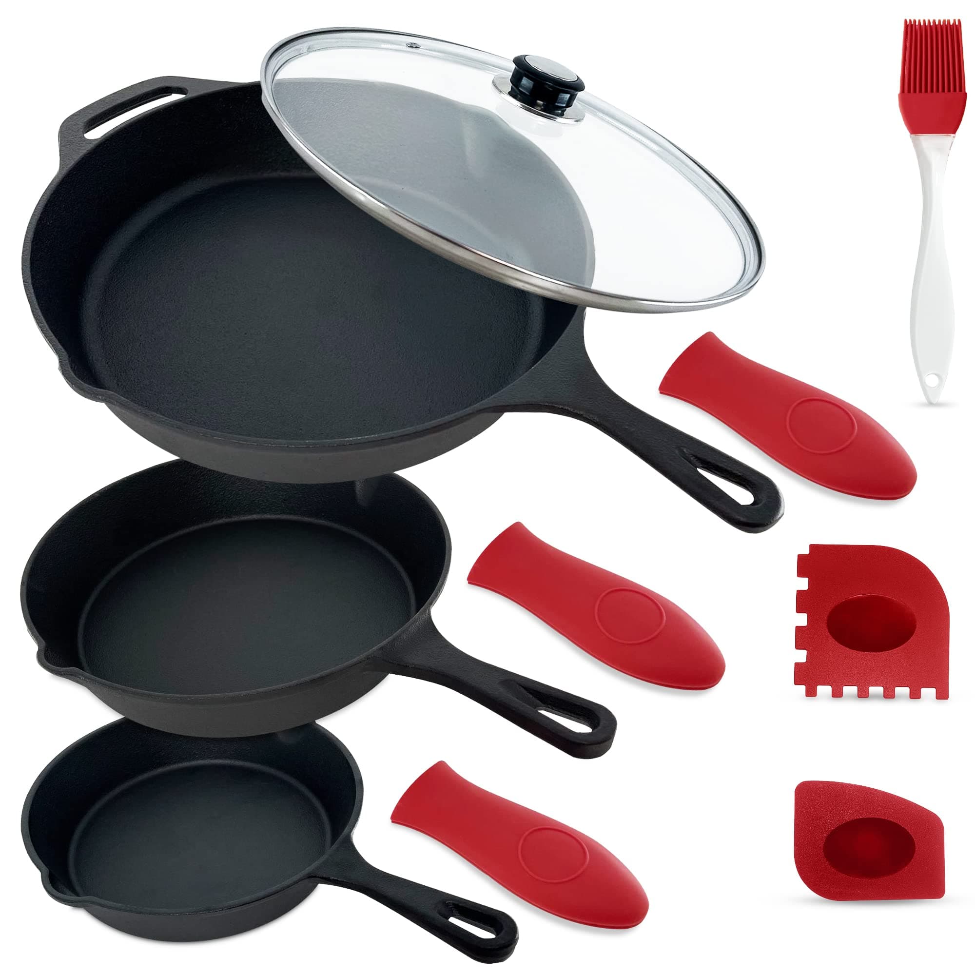 Empire Pre-Seasoned Cast Iron Skillet Set of 3 – 11.8″, 10.2″ & 7.8″ Pans with Silicone Handle Grips, Oil Brush & Scraper – Heavy‑Duty Nonstick Frying Pans, Oven, Stovetop & Grill Safe