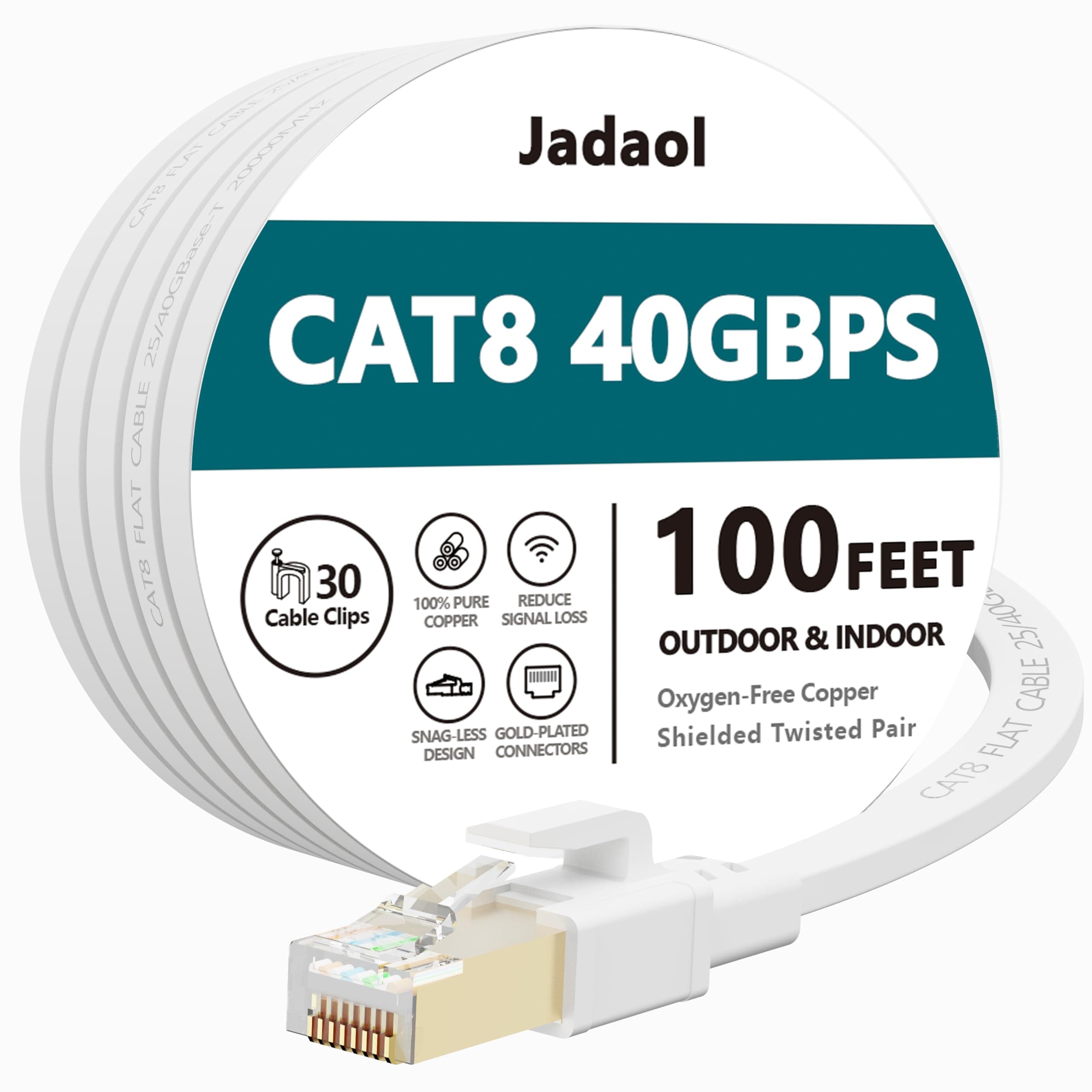 Jadaol Cat 7 Ethernet Cable 100 ft Shielded, Solid Flat Internet Network Computer patch cord, faster than Cat5e/cat6 network, Slim Long durable High Speed RJ45 Lan Wire for Router, Modem, Xbox – White
