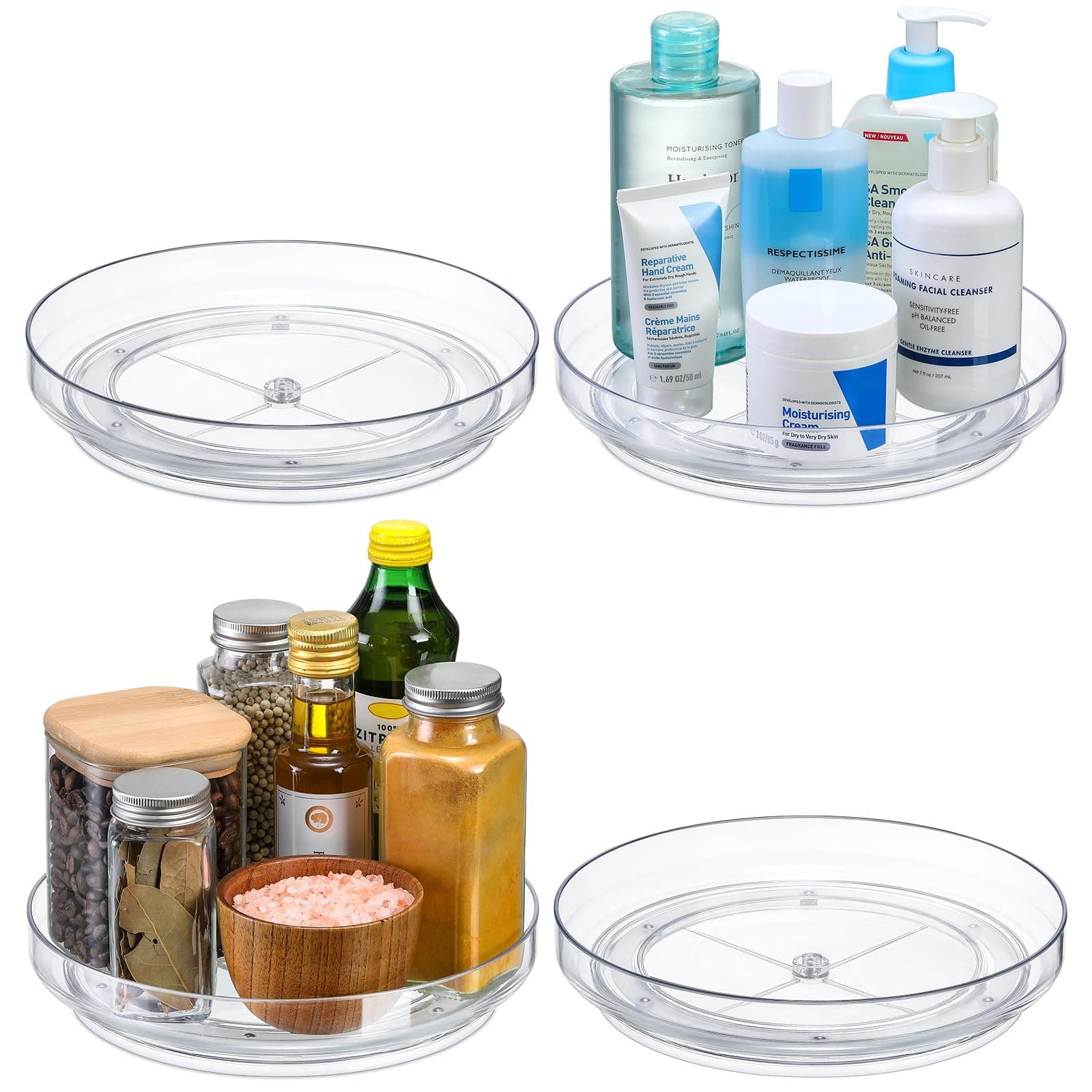 4 Pack 9 Inch Clear Acrylic Lazy Susan, Non-Skid Turntable Organizer for Cabinet, Kitchen, Pantry Organization Storage, Refrigerator, Vanity Makeup, Bathroom Countertop Organizing, Rotating Spice Rack