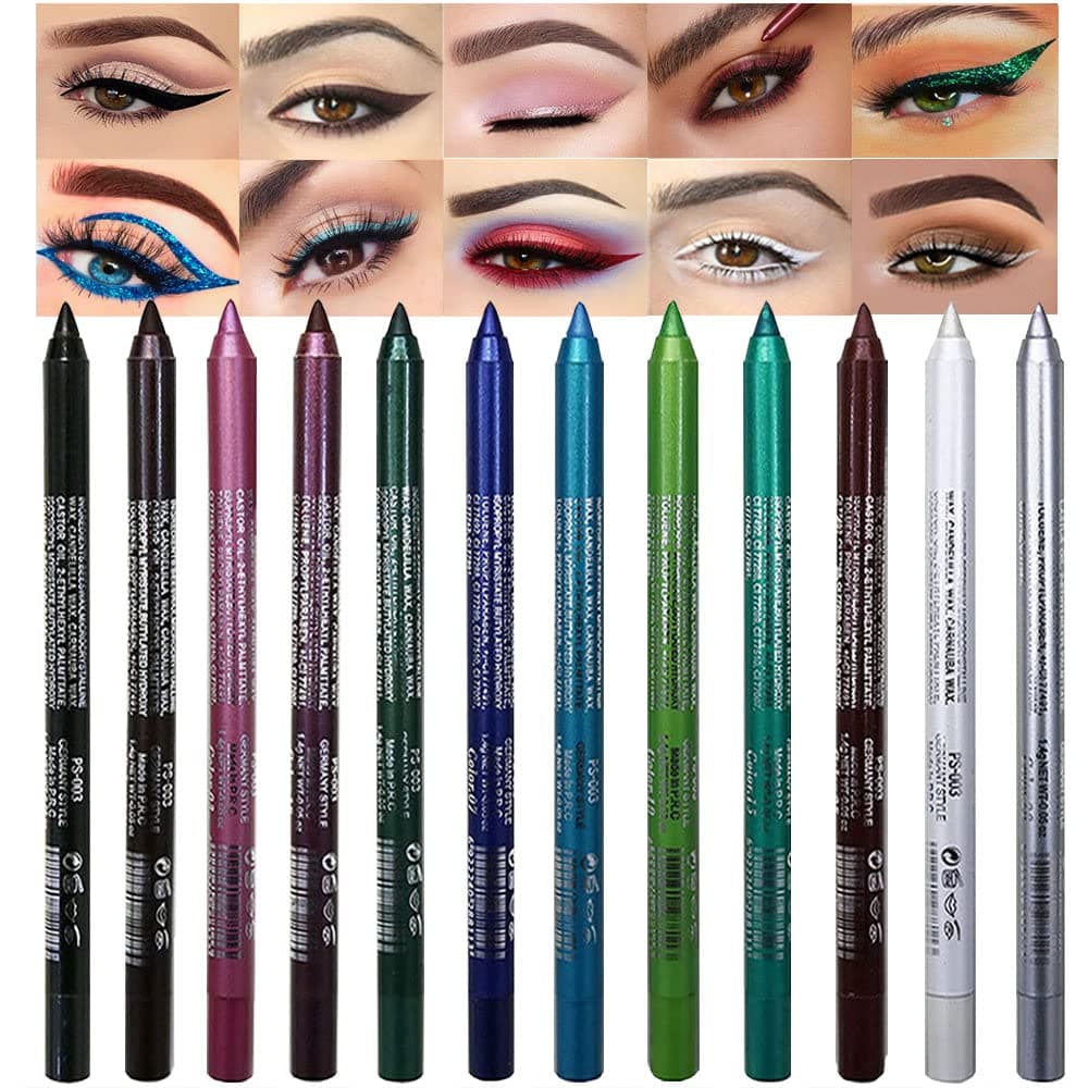 12Pcs Green Blue White Black Brown Purple Color Gel Glitter Eyeliner Pencils Set for Women Waterline Waterproof Smudge Proof lapiz de ojos delineador de ojos contra el agua Eye Liner Makeup 1