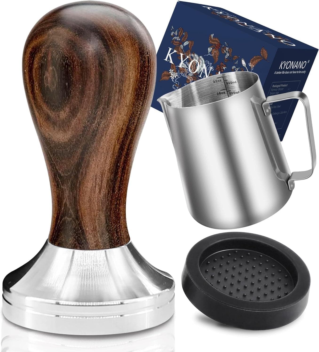 KYONANO Espresso Tamper 51mm - Tamper with Chacate Preto Wood Handle - Coffee Tamper plus Milk Frothing Pitcher 350ml & Silicone Tamper Mat - Tamper fits 51mm Delonghi Portafilter