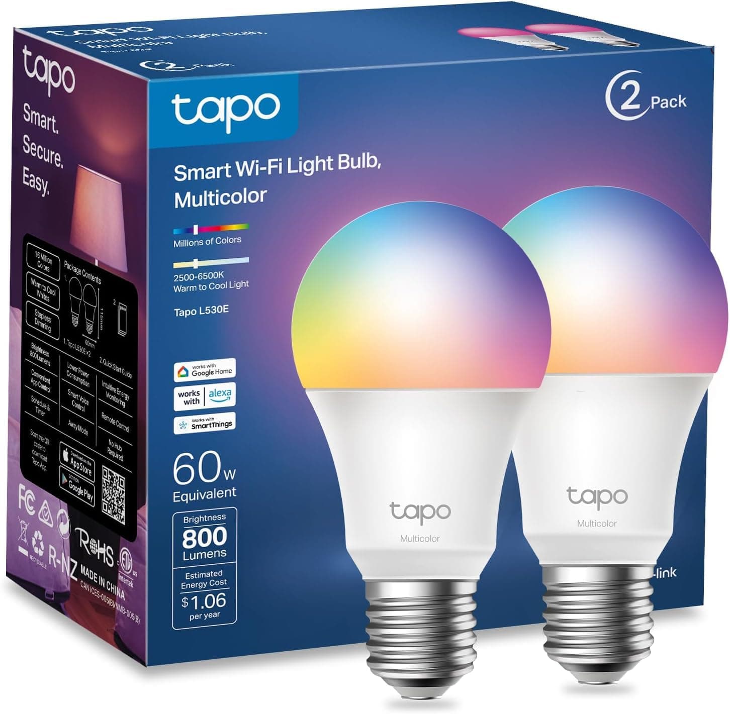 TP-Link Tapo Smart Light Bulbs, 16M Colors RGBW, Dimmable, Compatible with Alexa and Google Home, A19, 60W Equivalent, 800LM CRI>90, 2.4GHz WiFi only, No Hub Required, Tapo L530E(2-Pack)