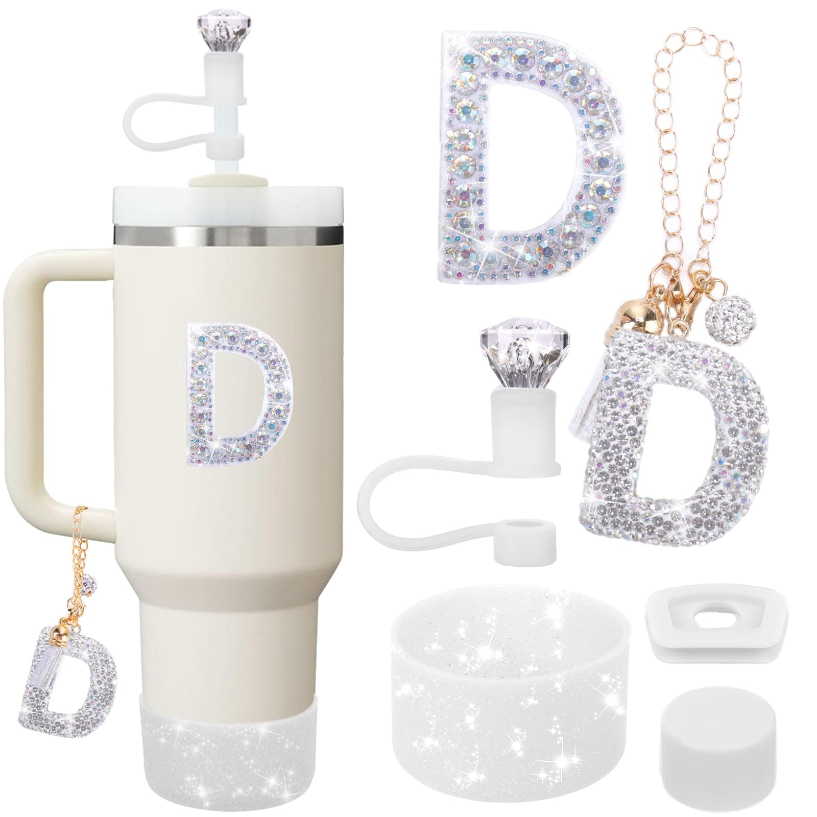 Mity rain Accessories Set for Stanley Cup, Initials Decorations for Tumbler Cup 30/40OZ, Including Diamond Straw Topper/Spill Proof Stopper/Sparkly Silicone Boot Set/Letter Charms for Handle A-Z (D)