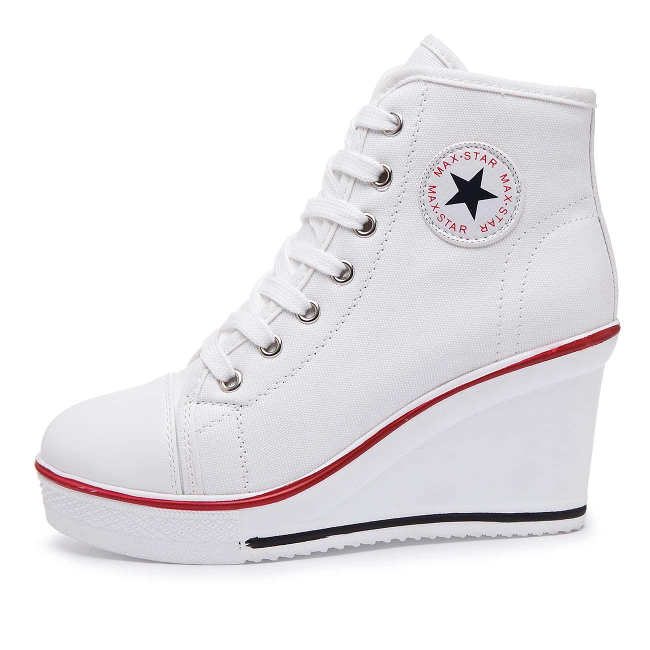 Nesyd Women's Sneaker High-Heeled Canvas Shoes High-Top Wedge Sneakers Platform Lace up Side Zipper Pump Fashion Sneakers (7-7.5 B(M) US, White)