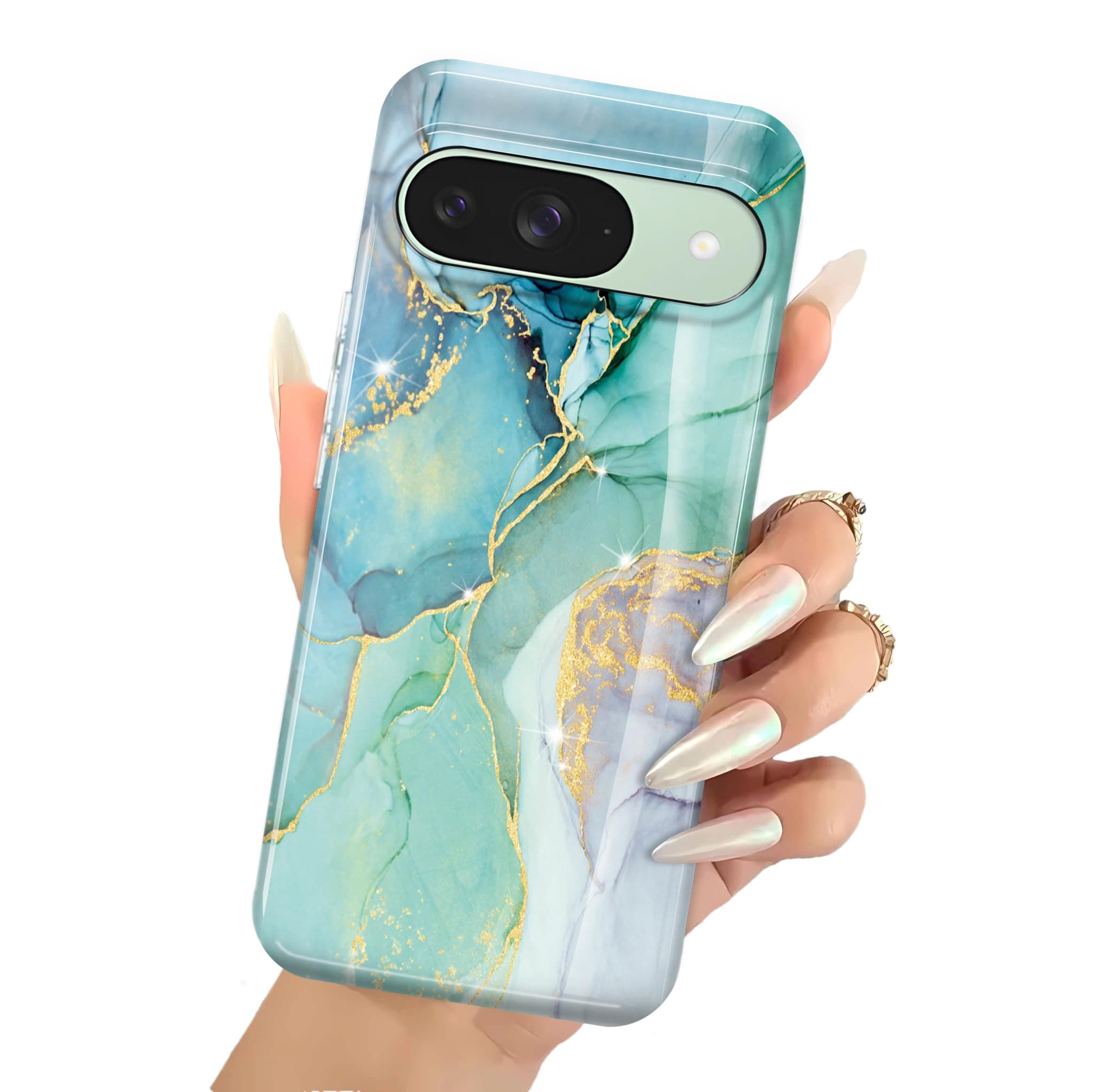 Luolnh for Google Pixel 9 Pro/Pixel 9 Case, Marble Glitter Brilliant Cute Design Silicone Bumper Cover - Abstract Mint
