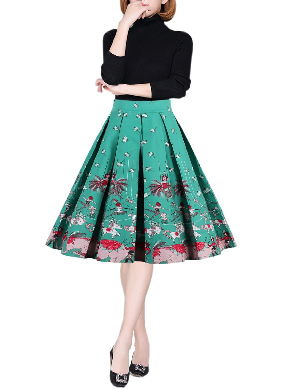 Women's Retro Printed Flared Skirt A-line Swing Casual Pleated Midi Skirts Green E16 S