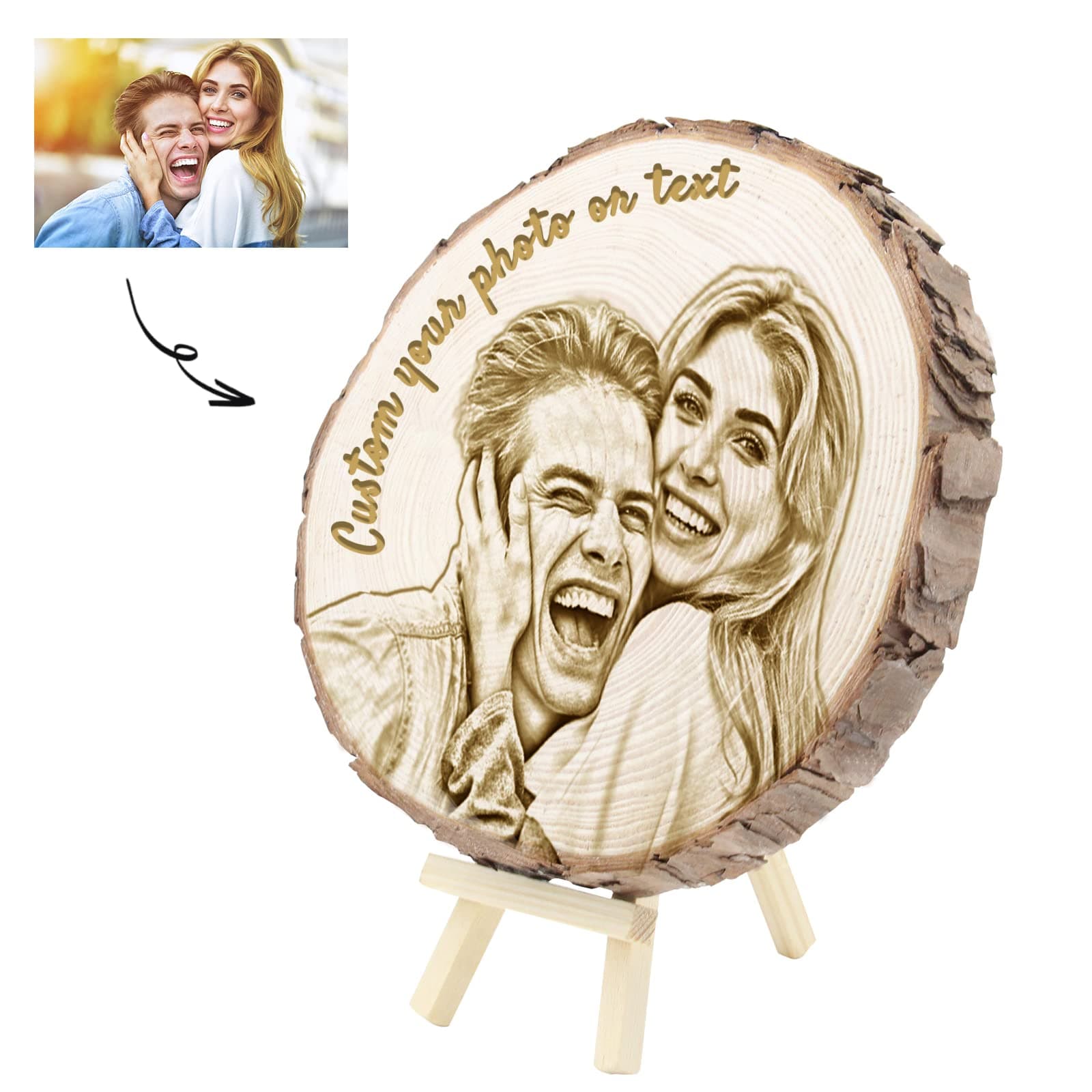 Personalized Photo Wood Slice Custom Engraved Picture Text Frame Tree Wooden Crafts for Valentine's Day Anniversary Birthday Wedding Gift