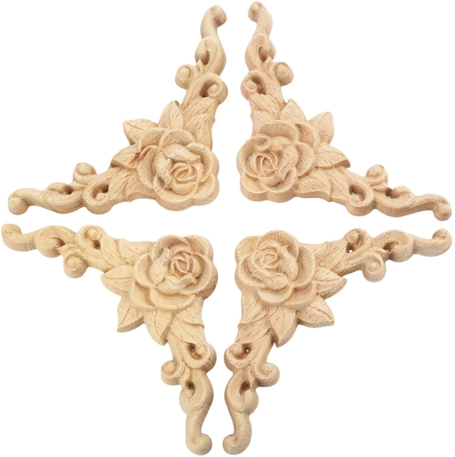 4Pcs Rose Carved Appliques Onlays Crafts Addition, 10x10cm/3.9"x3.9", Excellent Wood Detail Unpainted Ornament Piece for Wall Door Ceiling Table Bed Cabinet Mirror Dresser Drawer