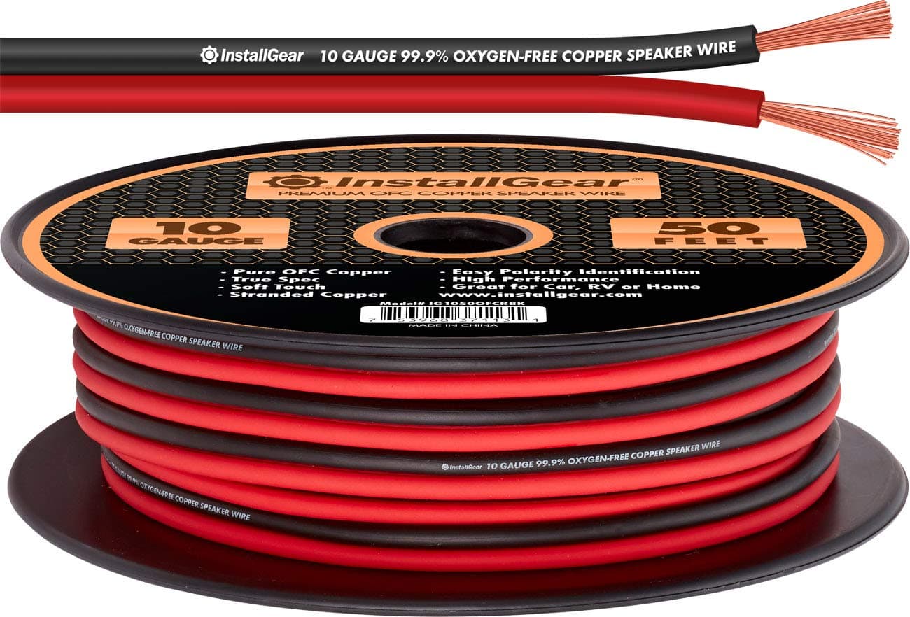 InstallGear 10 Gauge Speaker Wire - 99.9% Oxygen-Free Copper (OFC) - Red/Black (50-Feet)