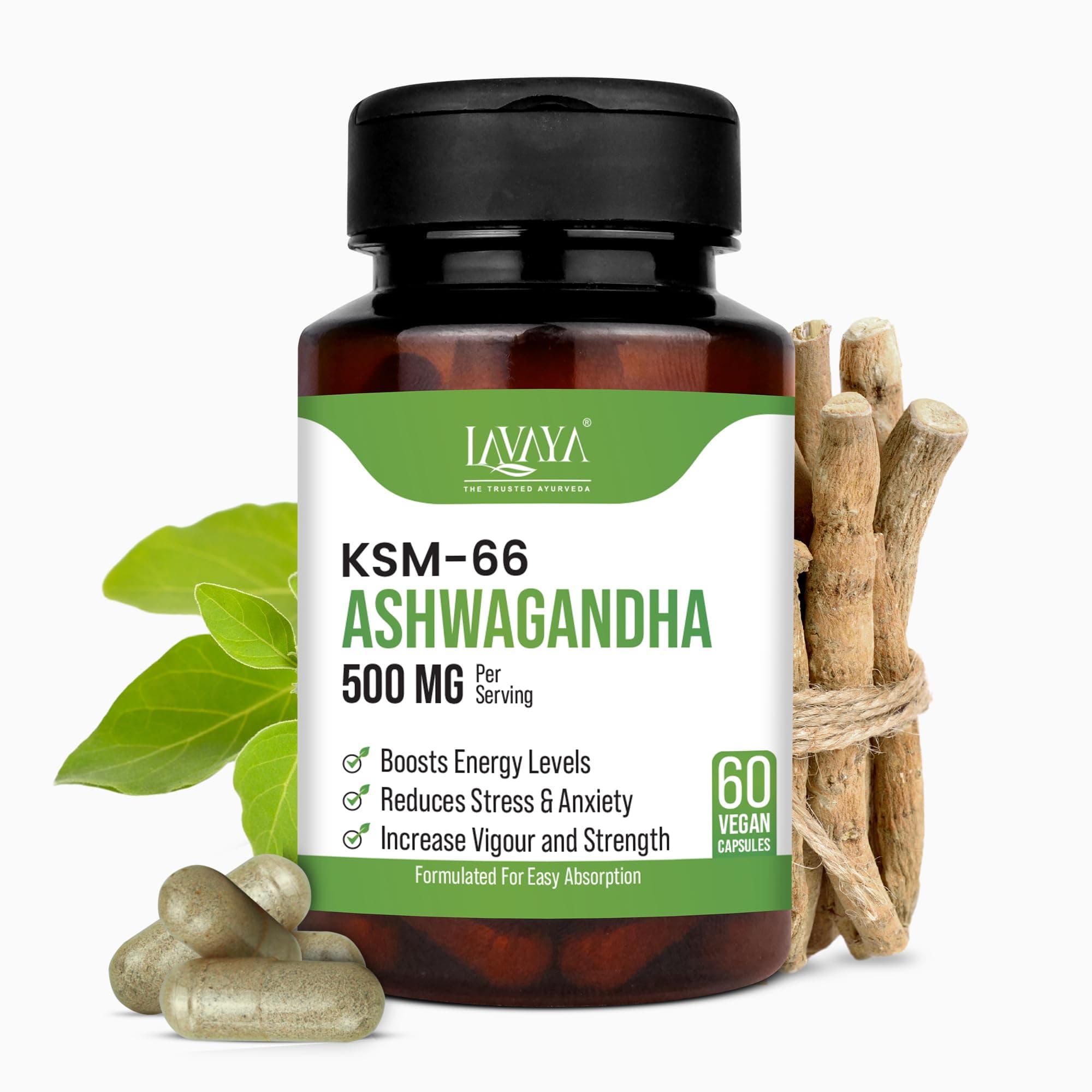 Ashwagandha KSM-66 Capsule 500 MG - For Extra Strength & Power | For Stress Relief & Athletic Support | 5% Withanolides (Withania Somnifera Extract) | Natural & Pure - 60 Veg Capsules