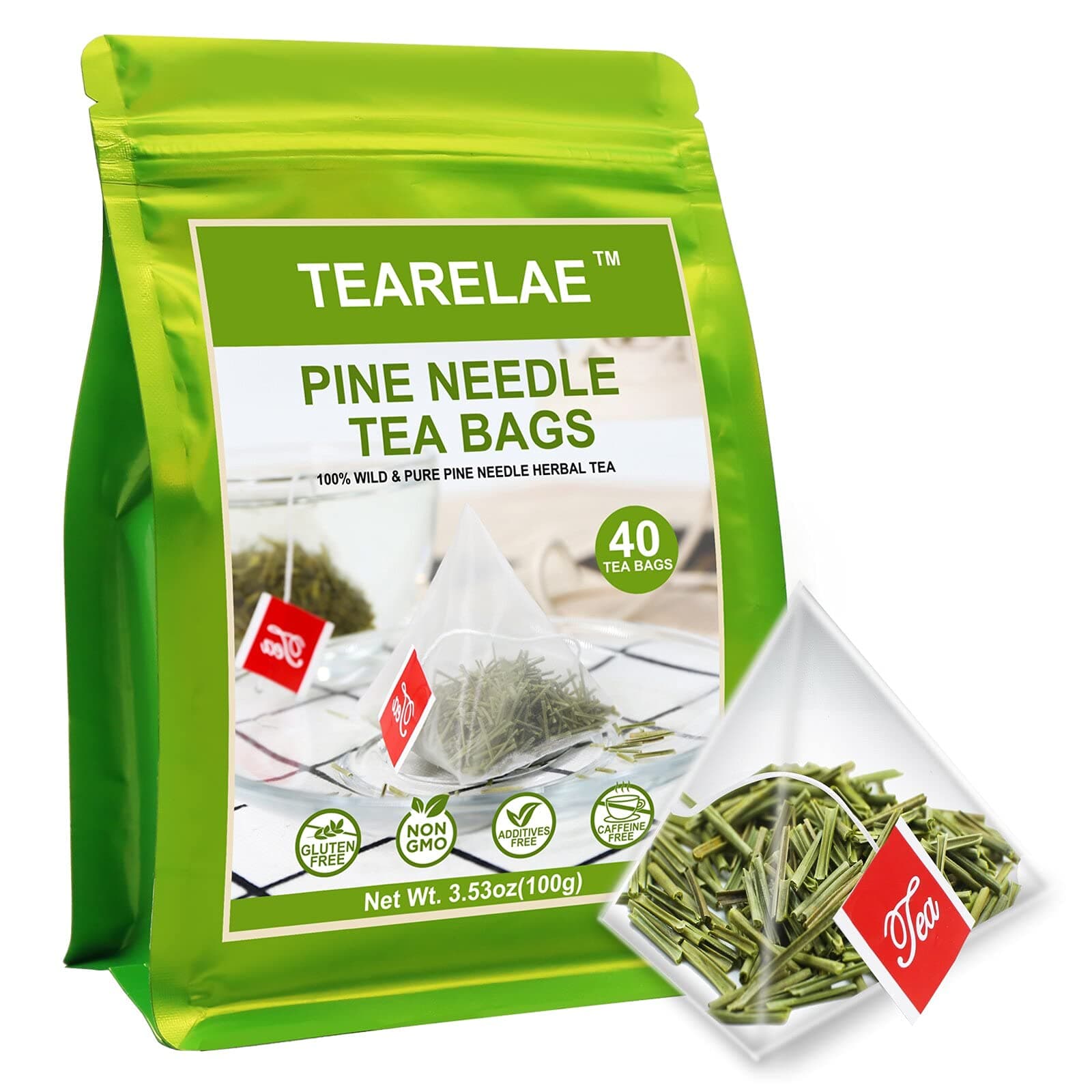 TEARELAE - Pine Needle Tea Bags - 3.53oz/100g (2.5g X 40 Bags) - Made in China - 100% Pure Natural Dried Masson Pine Needles - Cut & Sifted - Caffeine-free