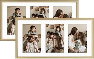 Golden State Art, 4x6 Aluminum Collage Frame, Display 6x4 Pictures With 3 Openings Mat or One 7x14 Photo, Real Glass, Portrait/Landscape Wall Display, Gold, 2 Pack