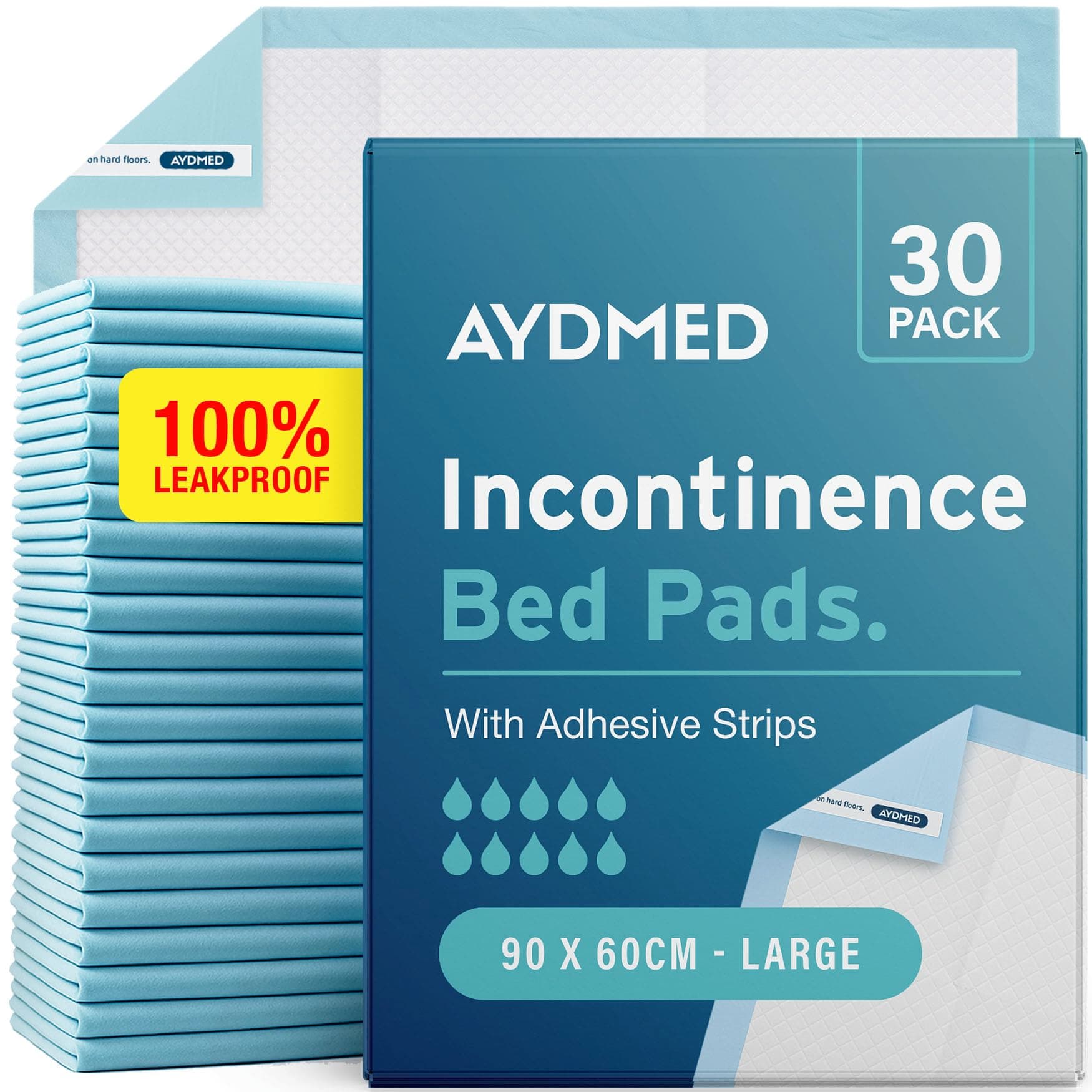 30 x AYDMED Incontinence Bed Pads 90 x 60cm | Adhesive Strips | Large Disposable Incontinence Pads | Maximum Absorbency Incontinence Bed Sheets For Adults, Children & Babies | 1,200ML Capacity