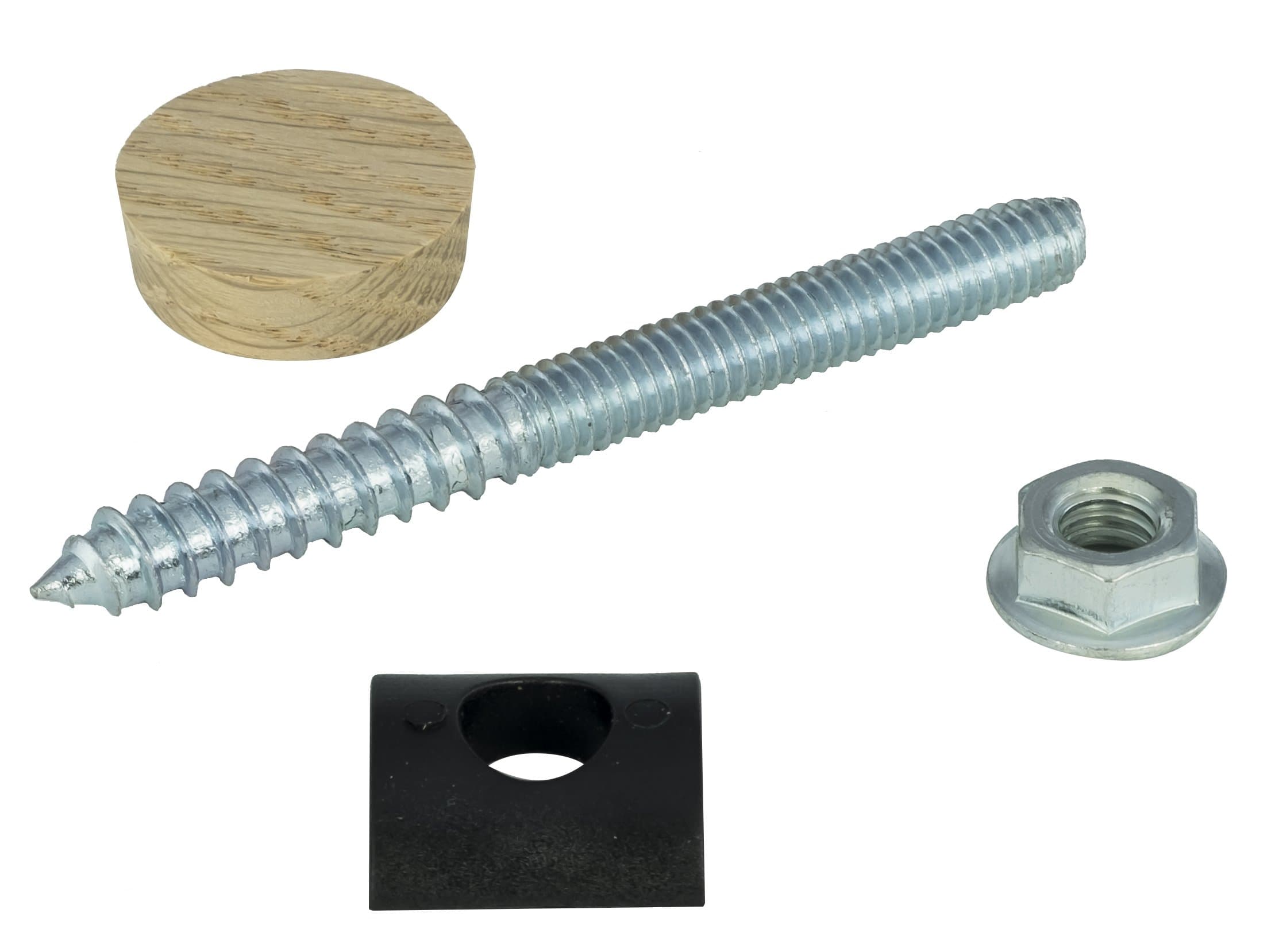 Rail Bolt Kit - Includes 3⅜'' x 5/16'' Bolt, Flange Nut, Plastic Curved Washer, and Wood Plug
