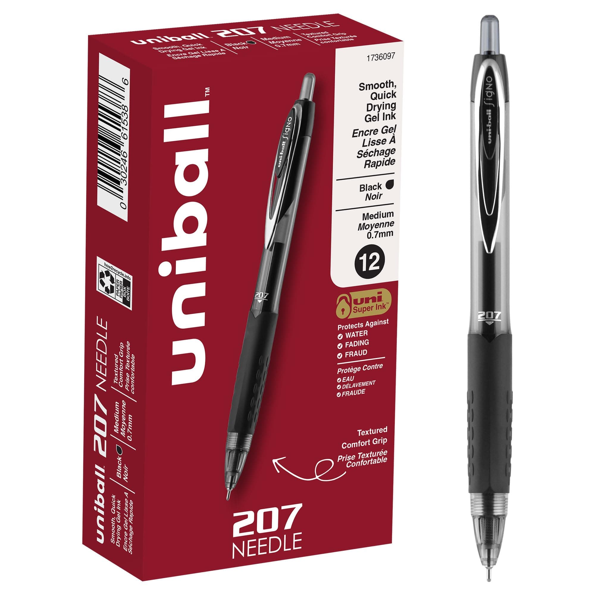 uniball 207 Needle Retractable Gel Pens, Medium Point (0.7mm), Black, 12 Pack
