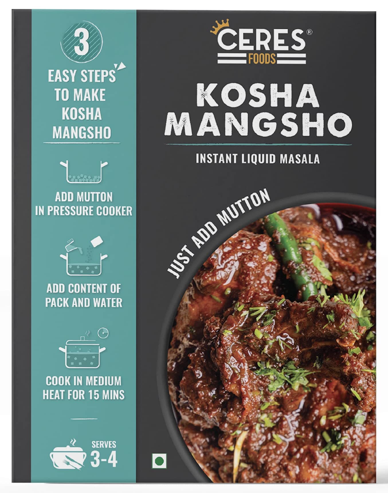 kolkata Kosha Mutton Instant Liquid Masala | Mutton cooking paste | Curry Paste | Curry Mix | Shipped Fresh | Ceres Foods Kosha Mangsho Ready to Cook Gravy |Kosha Mangsho Paste | Masala| Bengali Recipe | Bengali Masala | Kosha Masala | Mutton Masala | Meat Masala | Chicken Masala | Easy to cook | 3 steps Recipe | Mutton Kosha Gravy | Authentic spices| Ready in 15 Mins | Serves 4 | No Preservatives, Colours or Artificial Flavours​ | 200g | Just add Mutton