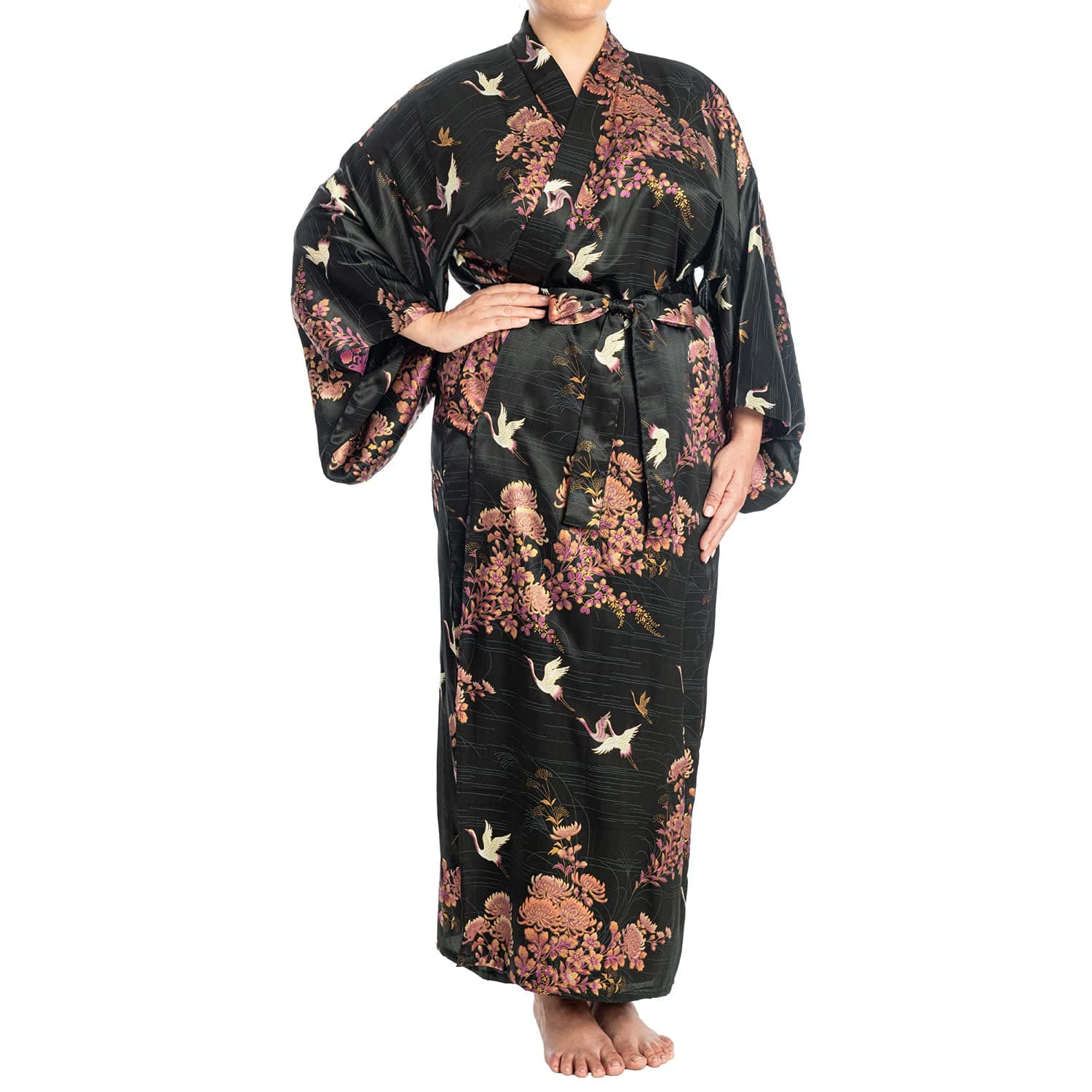 The Japanese ShopSilk Crane and Chrysanthemum Long Black Authentic Yukata XL