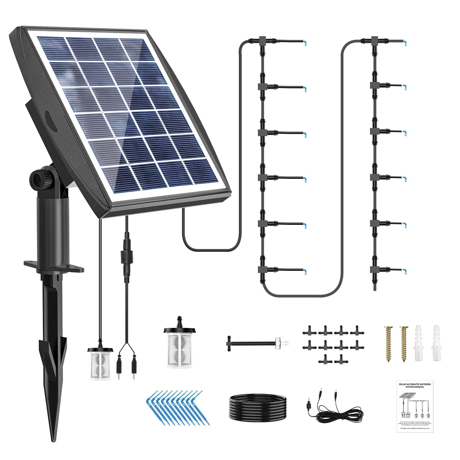 JIYANG Solar Automatic Drip Irrigation Kit System, Solar Powered Auto Easy DIY Watering Device Supported Pots Plants, 6 Timing Modes with Anti-Siphoning Device (Supported 10-15 Pots, 6Timing Modes)