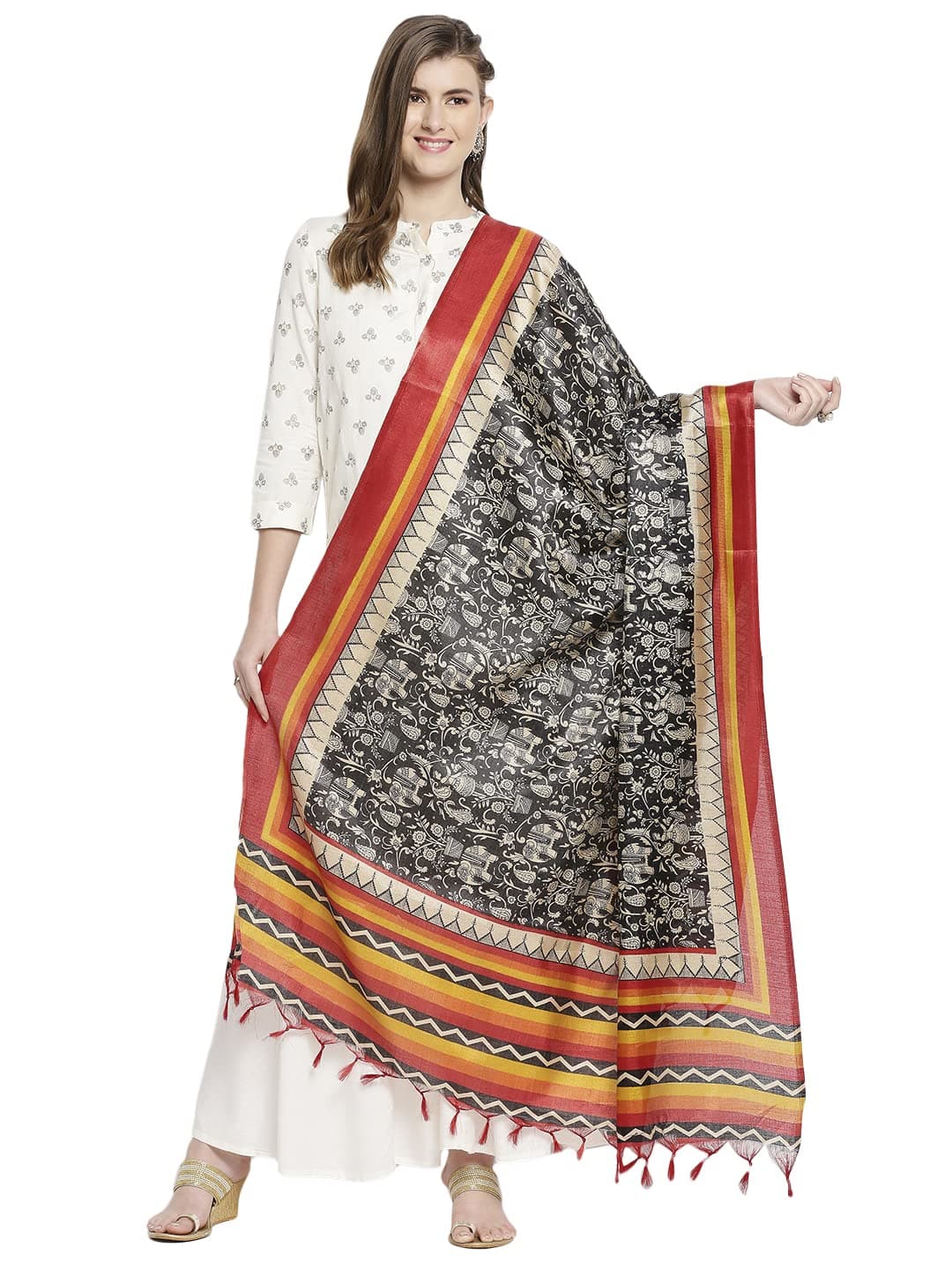DUPATTA BAZAARWomen's Black & White Ethnic Printed Silk Dupatta