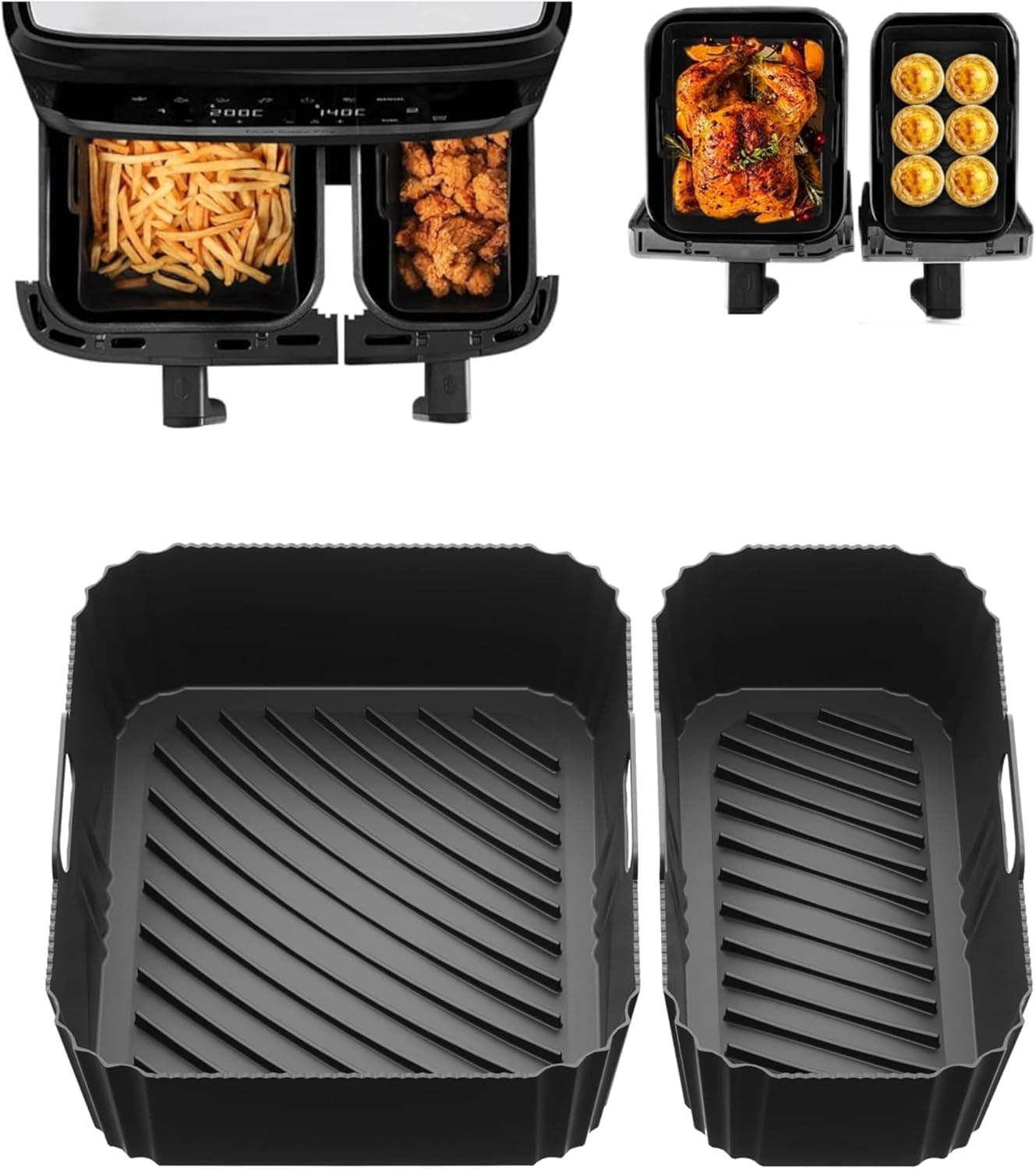 Silicone Air Fryer Liner for Tefal 8.3L Dual, Air Fryer Accessories for Tefal Easy Fry 8.3L, Lakeland Air Fryer 8L, Tower T17099 5.2L/3.3L and Salter EK5729 Dual Drawer 5.5L/3.5L（2Pcs Black）