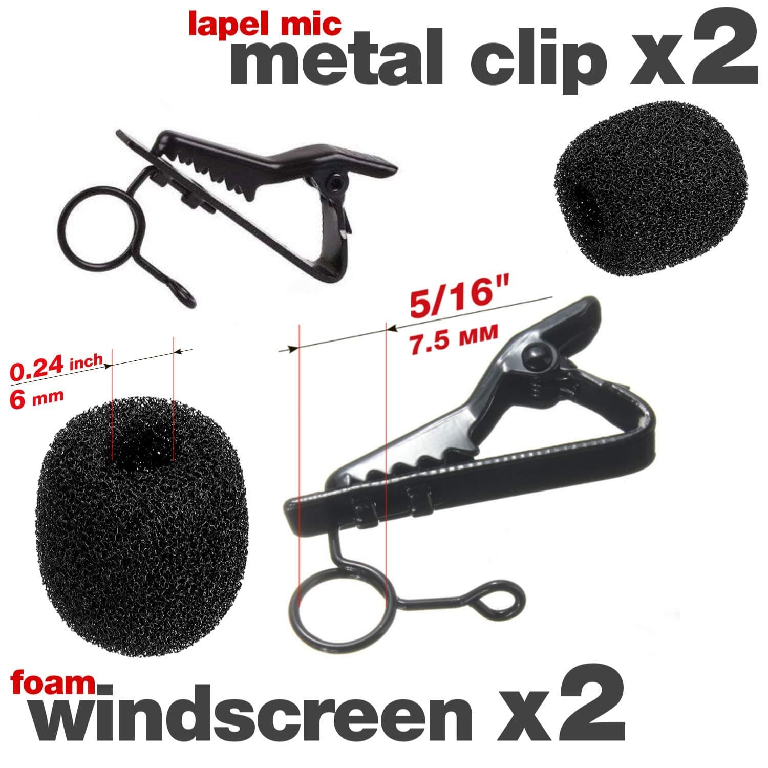 2 Lapel Mic Clip 5/16" + 2 Foam Windscreen Cover Lav Mic Clip Lavalier Microphone Clips