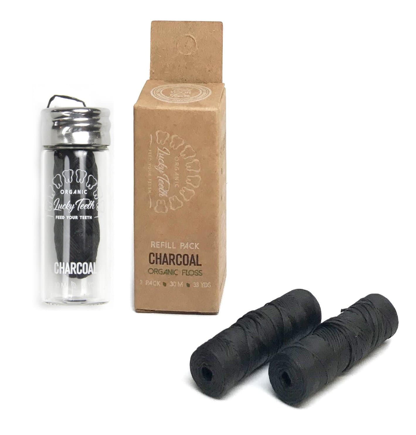 Organic Bamboo Fibre with Activated Charcoal Floss in Glass jar + REFILLS with Tea Tree and Peppermint essential oils 90 m / 99 yds total - by Lucky Teeth (1+2 Pack)