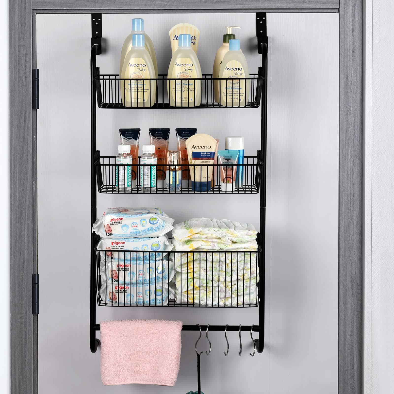 Wetheny Over The Door Pantry Organzier 3 Tier Hanging Wire Storage Basket Spice Rack Shelf with Hooks and Towel Rack for Bathroom Kitchen Craft Room Heavy Duty Black