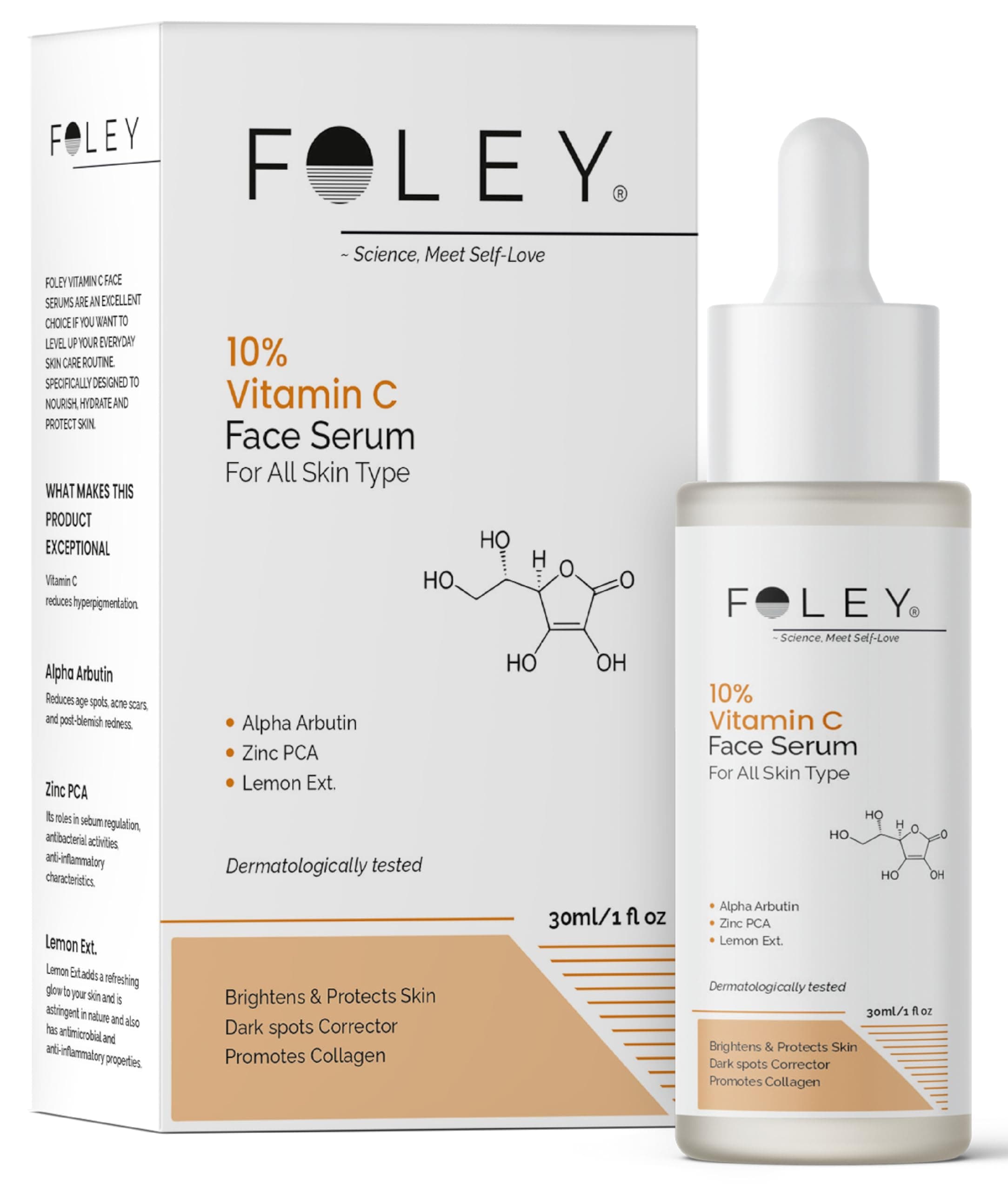 Foley Vitamin C 10% Serum for Face - Brightens Skin, Fades Dark Spots & Acne Marks - With Alpha Arbutin, Ferulic Acid, Zinc PCA - 30ml
