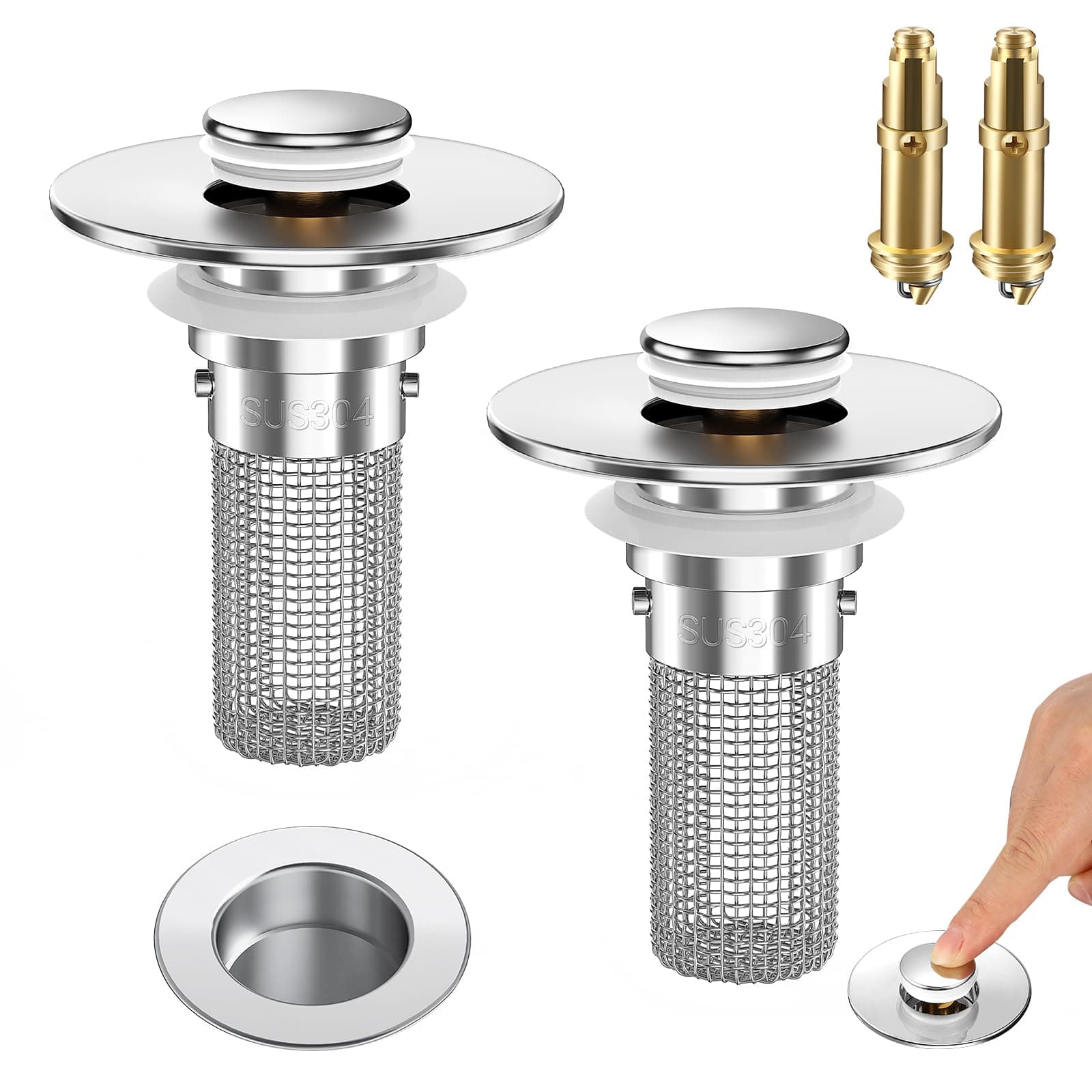 2PCS Bathroom Sink Stopper Strainer, Pop-Up Bathroom Sink Drain Strainer with Removable Stainless Steel Hair Catcher Basket, Universal Fit for US Bathroom Sinks, Bathtubs, Showers & Floor Drains