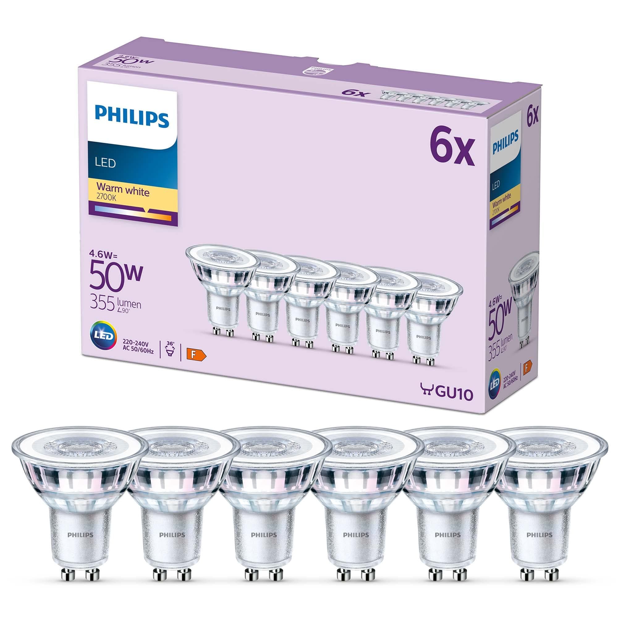 PHILIPS LED Classic Spot Light Bulb 6 Pack [Warm White 2700K - GU10] 50W, Non Dimmable. for Home Indoor Lighting, Value Range, Value Warm White