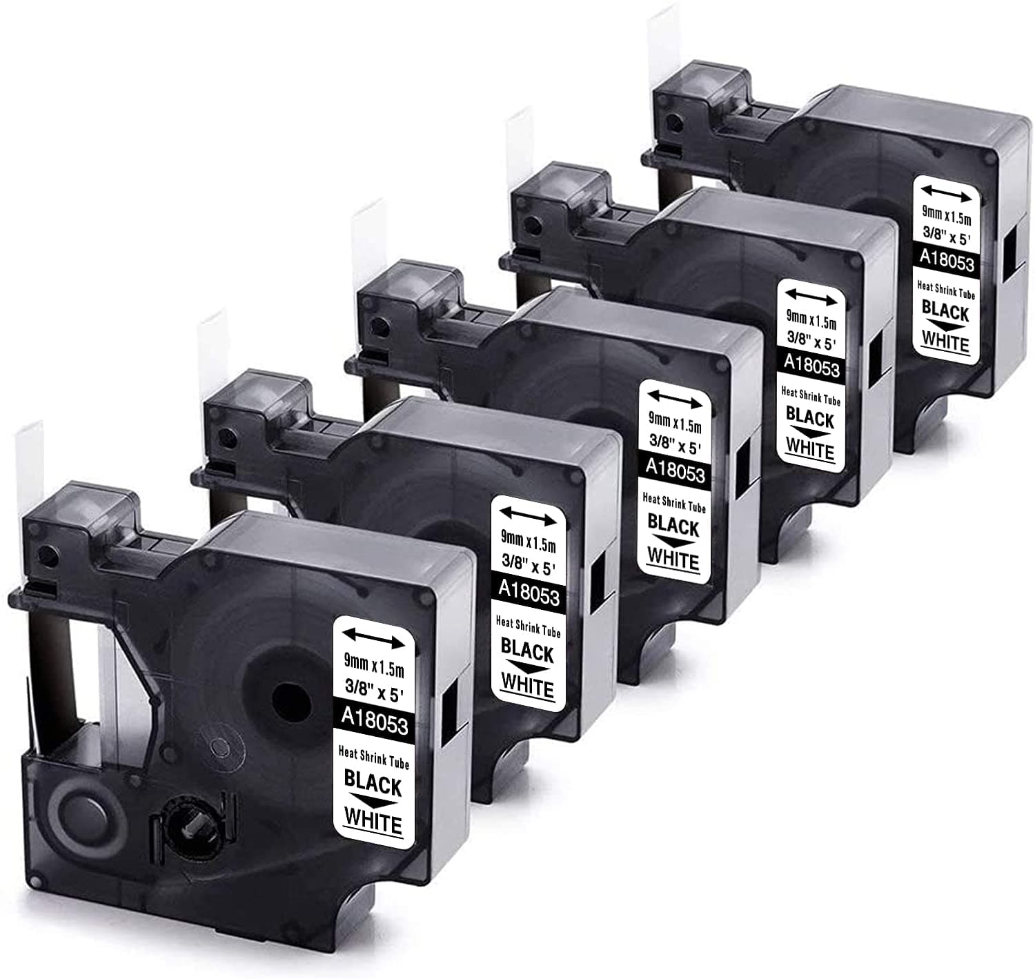 5-Pack Replace DYMO Rhino 3/8" Heat Shrink Tube Labels Compatible with DYMO Rhino 4200 5200 Industrial Label Makers and DYMO LabelWriter, Black on White, 5 Feet (DYMO 18053)