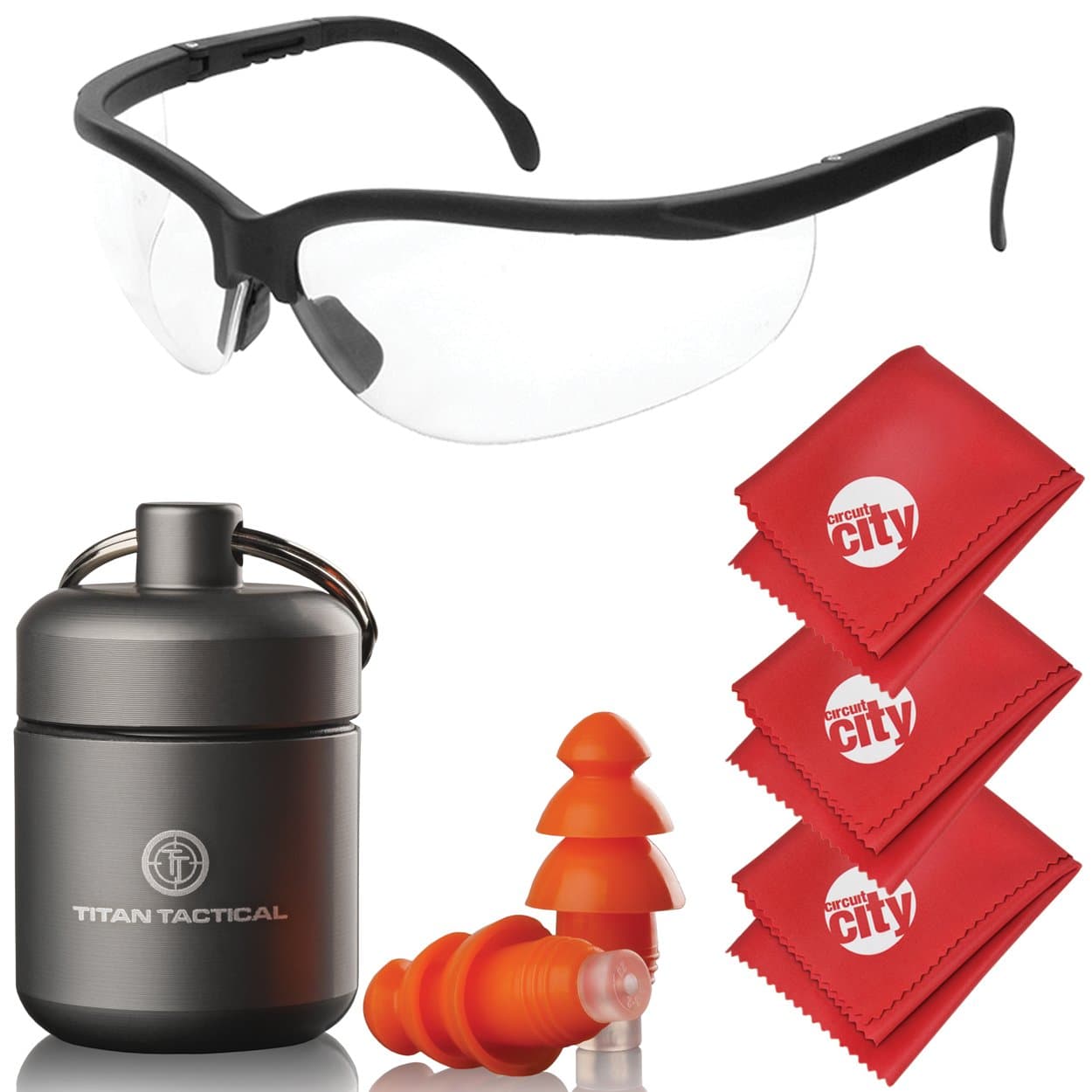 Eyes + Ear Protection Kit w/ 29NRR Reusable Shooting Ear Plugs + Mil-Spec Clear Range Ballistic Glasses (for Normal + Small Ear Canals)
