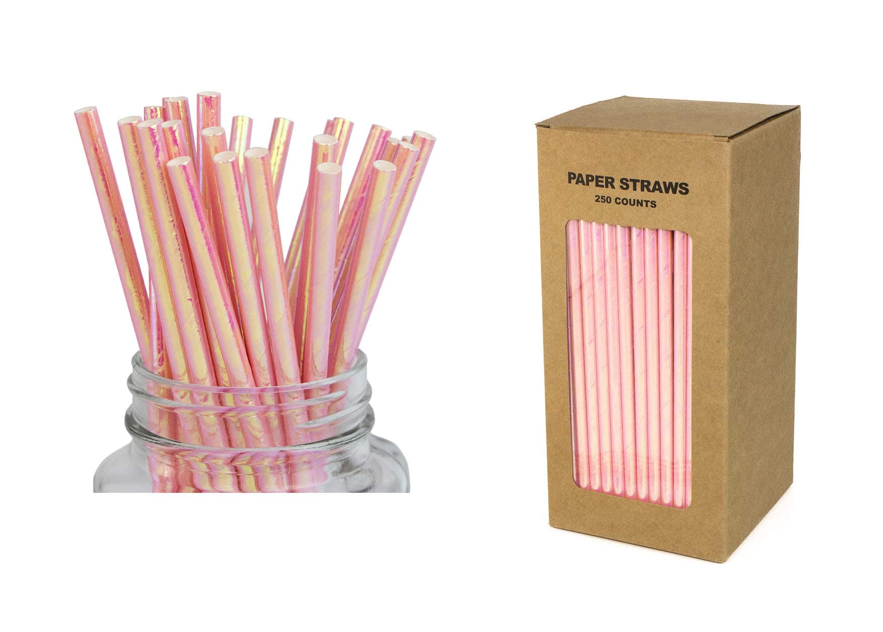 Twinkling Rainbow Pink Foil Paper Straws - Box of 250 Shiny Cake Pop Sticks for Birthday, Wedding, Bachelorette Party DIY