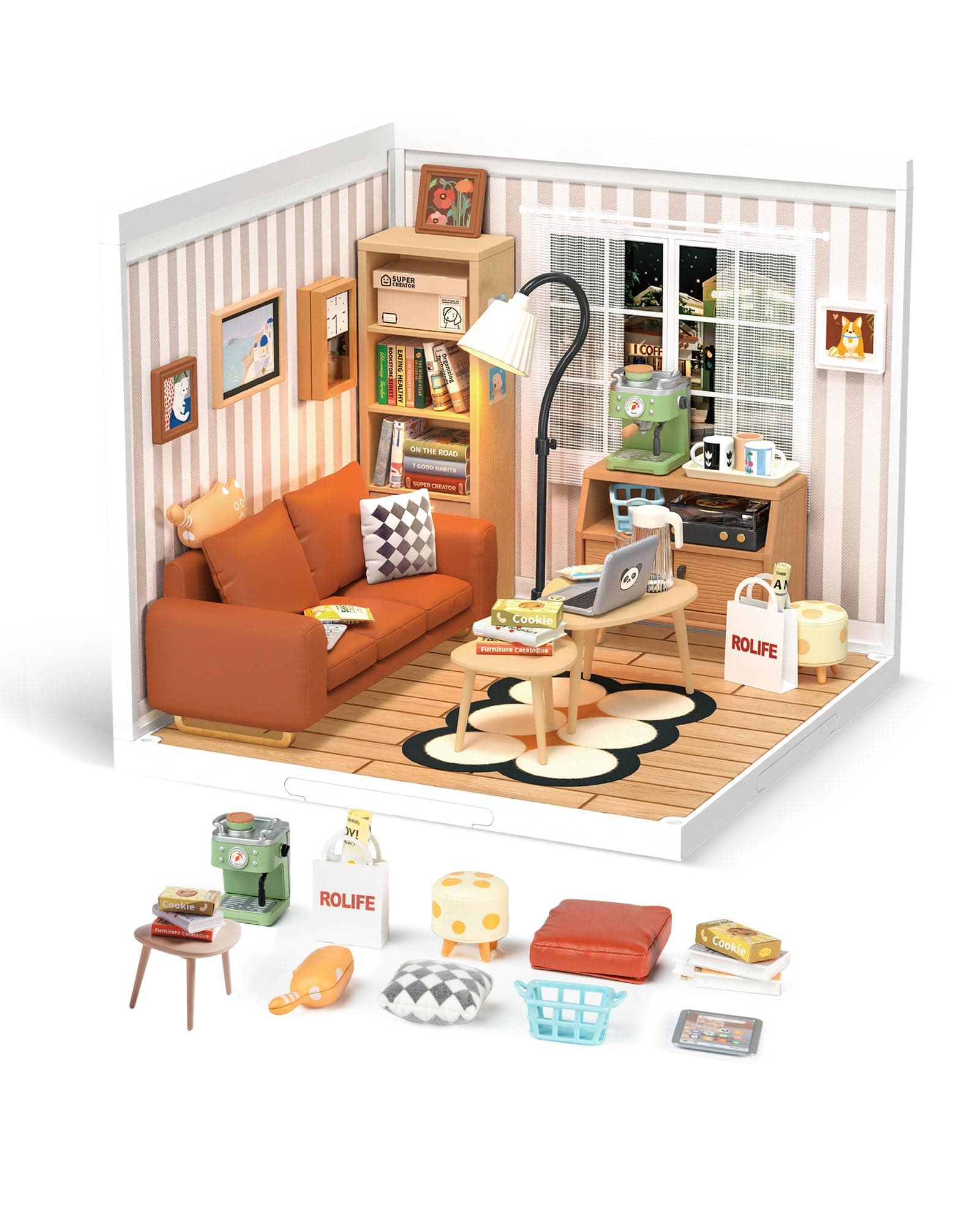 DIY Miniature Plastic House Building Set Toys Playset with LED Suitable for Mini Figures Construction Toys Diorama Kit Gifts for Adults (Cozy Living Lounge)