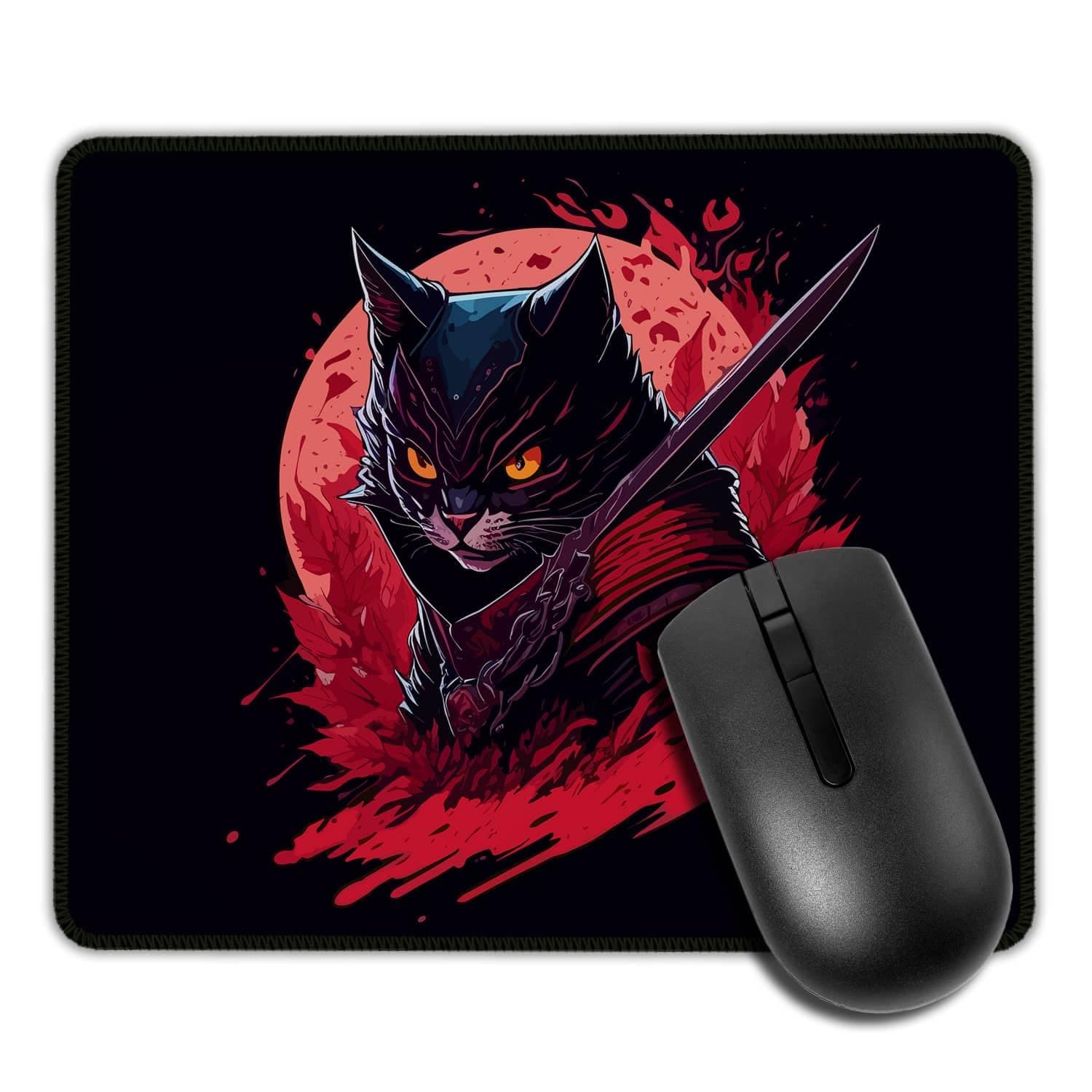 Evil Ninja Cat Face Mouse Pad, Square Mouse Pad Black, Non-Slip Rubber Base Computer Mousepad, with Durable Stitched Edges 9.5 x7.9 inch, for Gaming Work Office Laptop Computer
