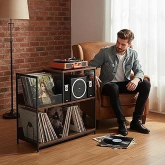 3 Tier Record Player Stand Holds Up to 250 Albums with 4 Adjustable Divider for Turntable Stand, Large Vintage Record Player Table with Vinyl Record Holder Cabinet for Living Room – Patent Pending