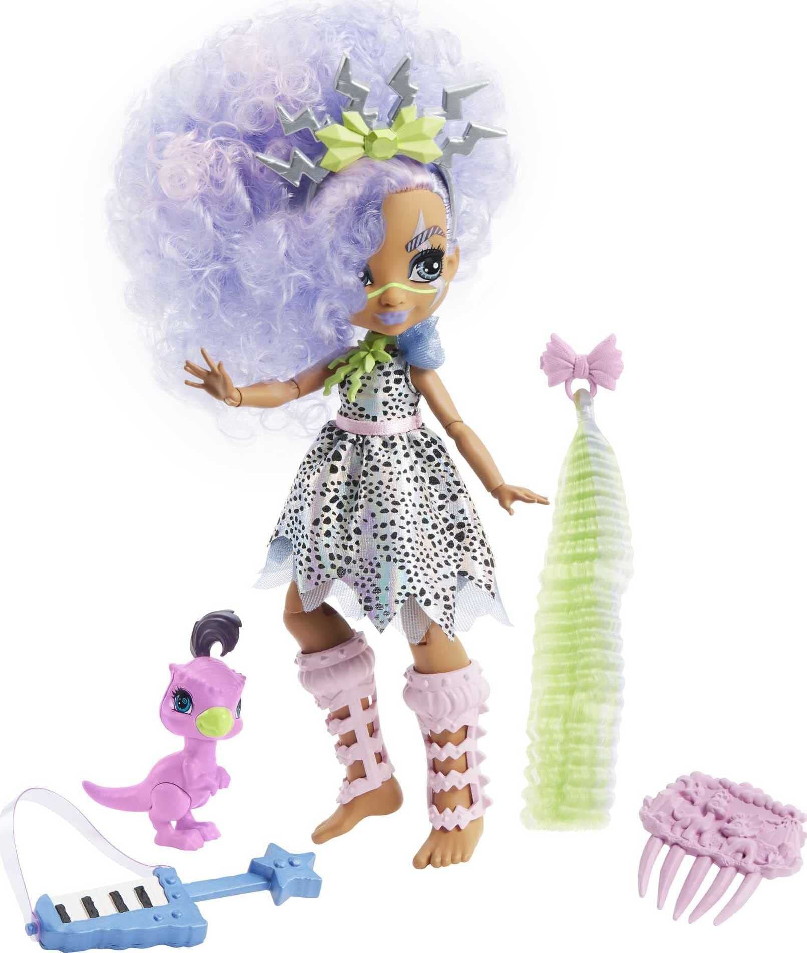 Mattel Cave Club Bashley Doll 10-inch, Lavender Hair Poseable Prehistoric Fashion Doll with Dinosaur Pet and Accessories, Gift for 4 Year Olds and Up [Amazon Exclusive]